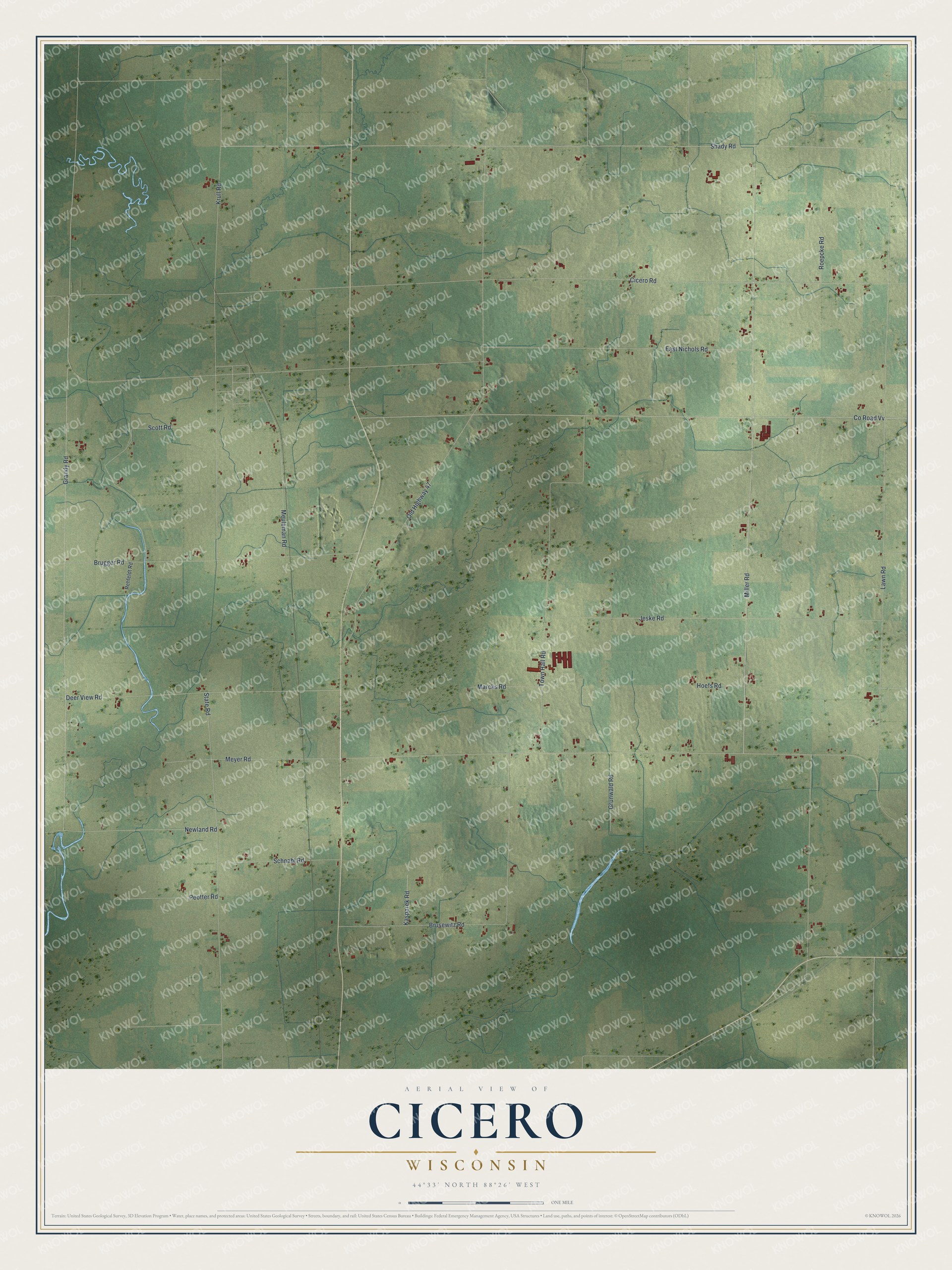 Full map of Cicero, Wisconsin, with red buildings, printed street names and the land around them