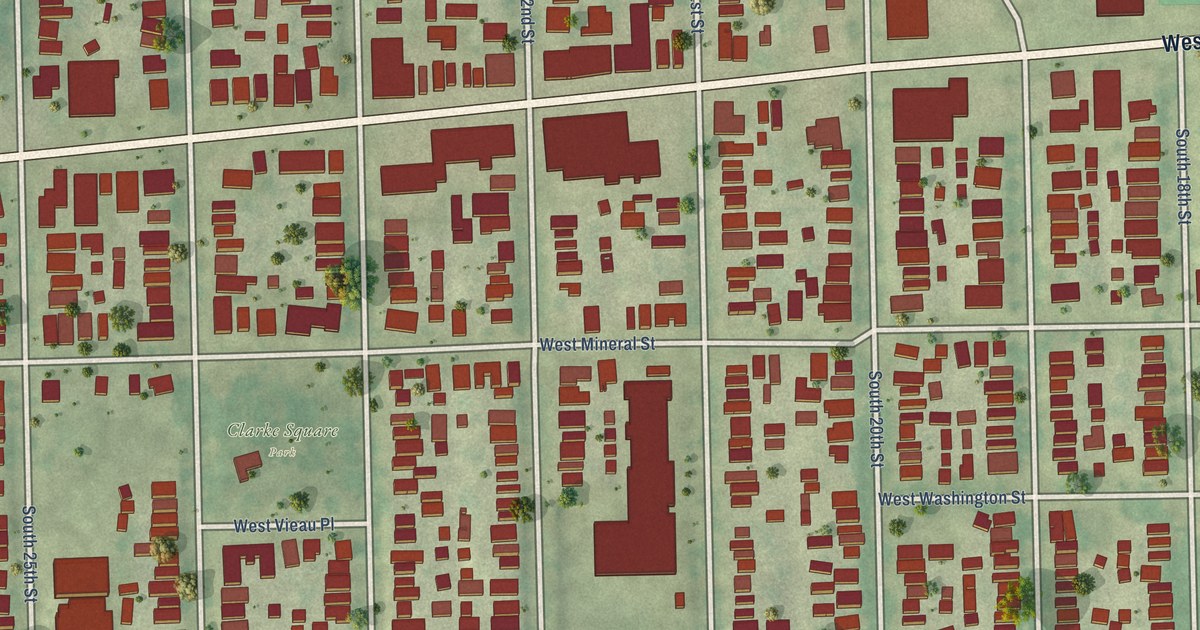 Close-up of streets and buildings in Clarke Square, Wisconsin