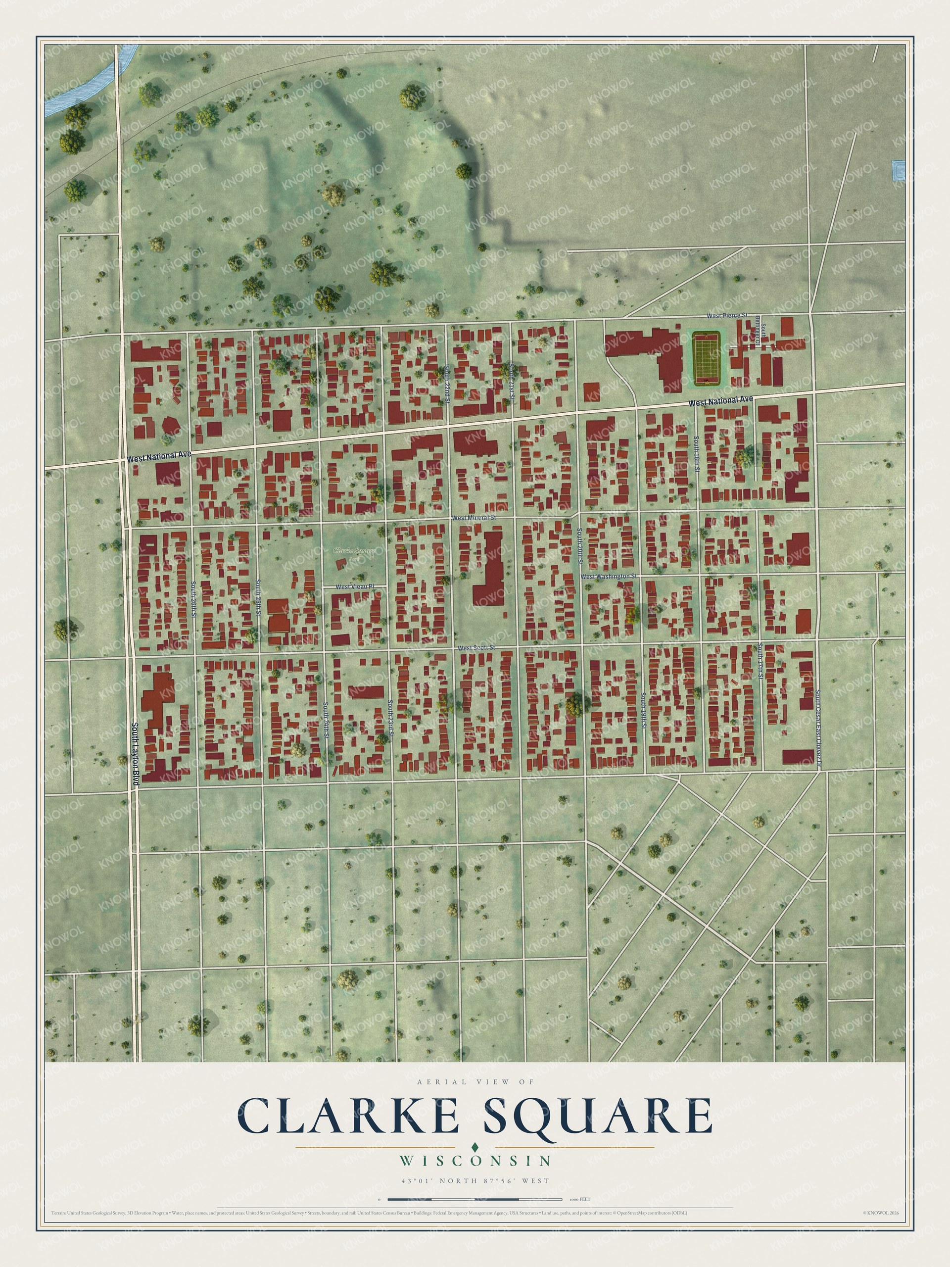 Full map of Clarke Square, Wisconsin, with red buildings, printed street names and the land around them