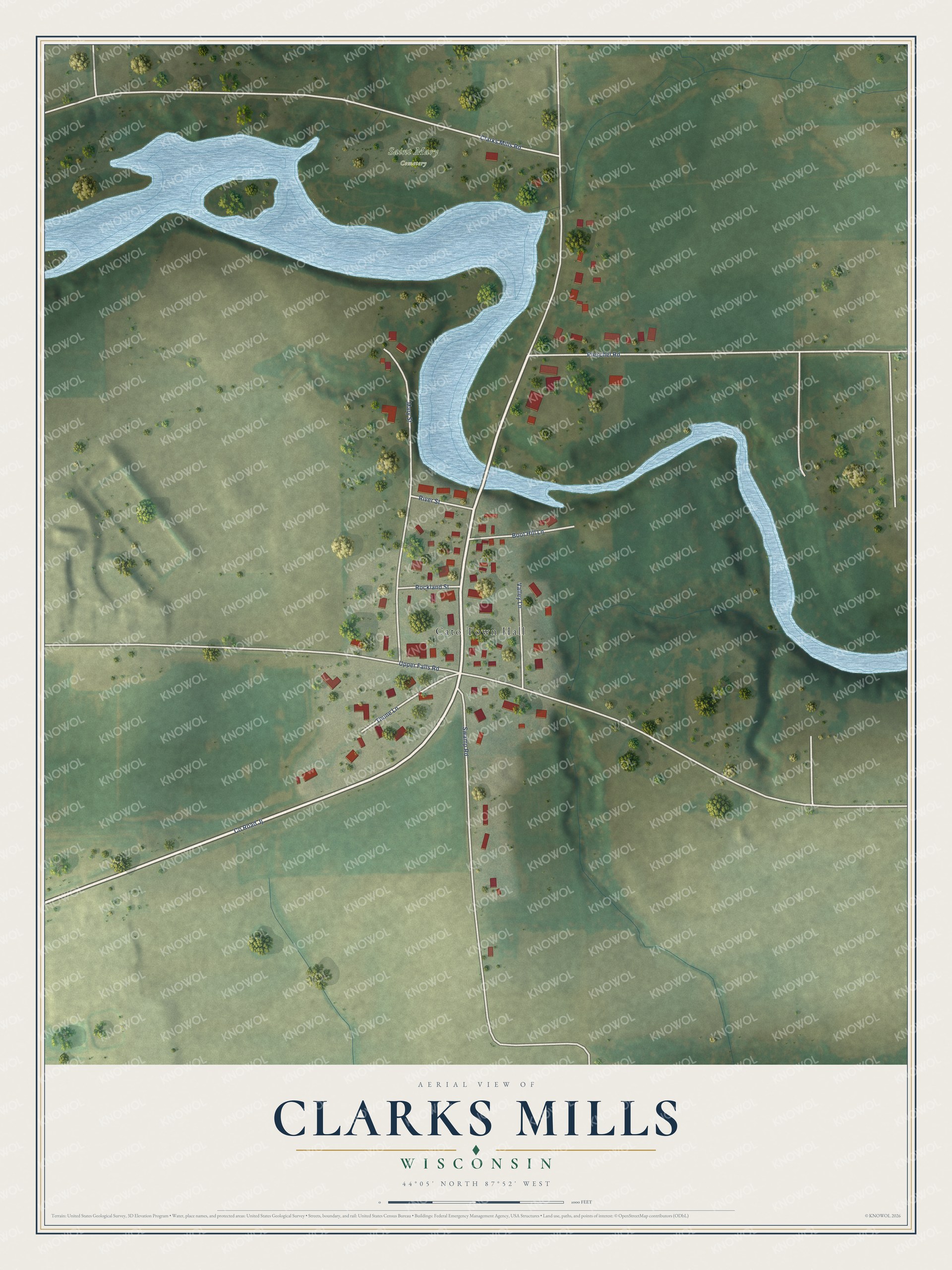 Full map of Clarks Mills, Wisconsin, with red buildings, printed street names and the land around them