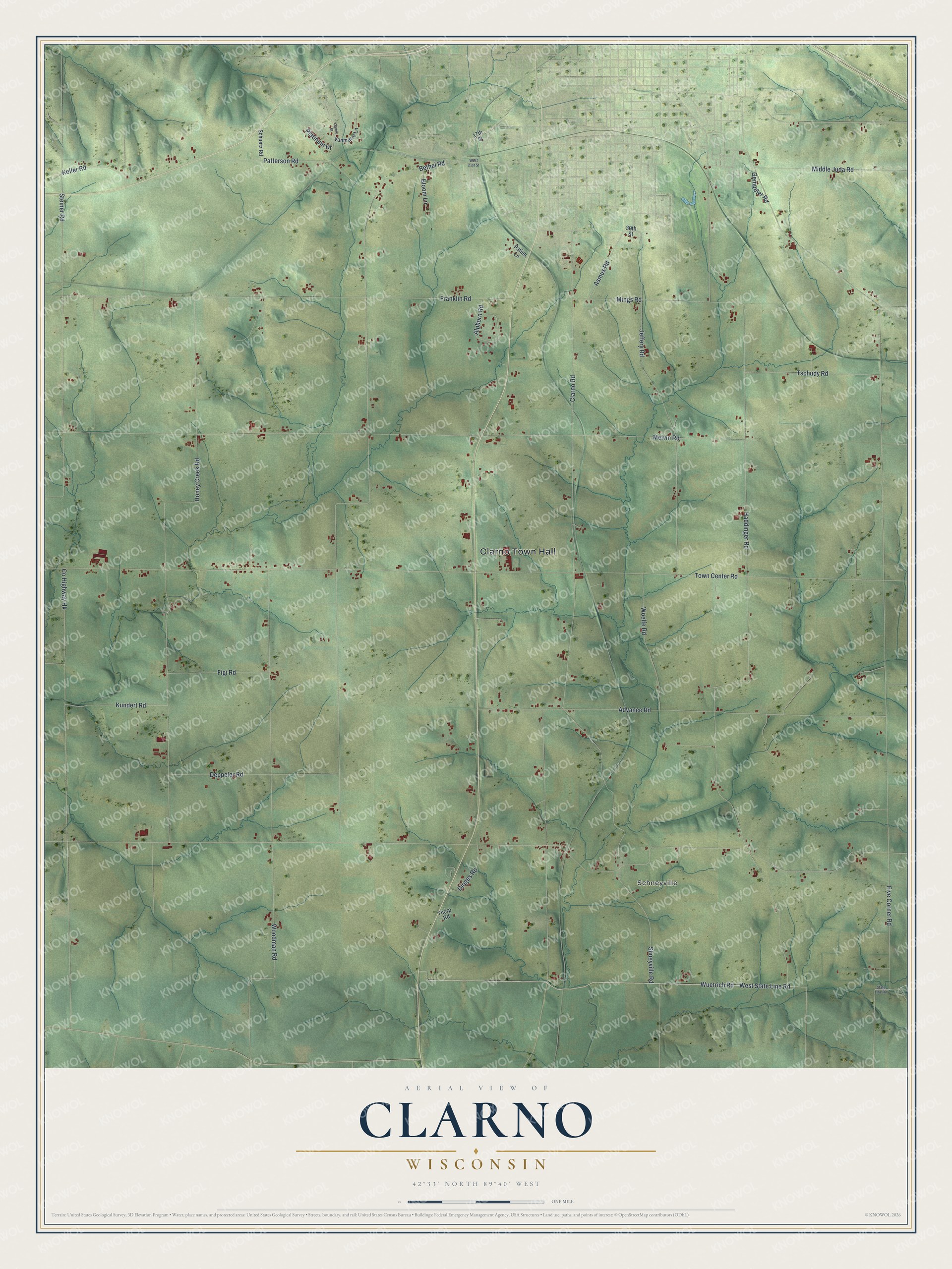 Full map of Clarno, Wisconsin, with red buildings, printed street names and the land around them