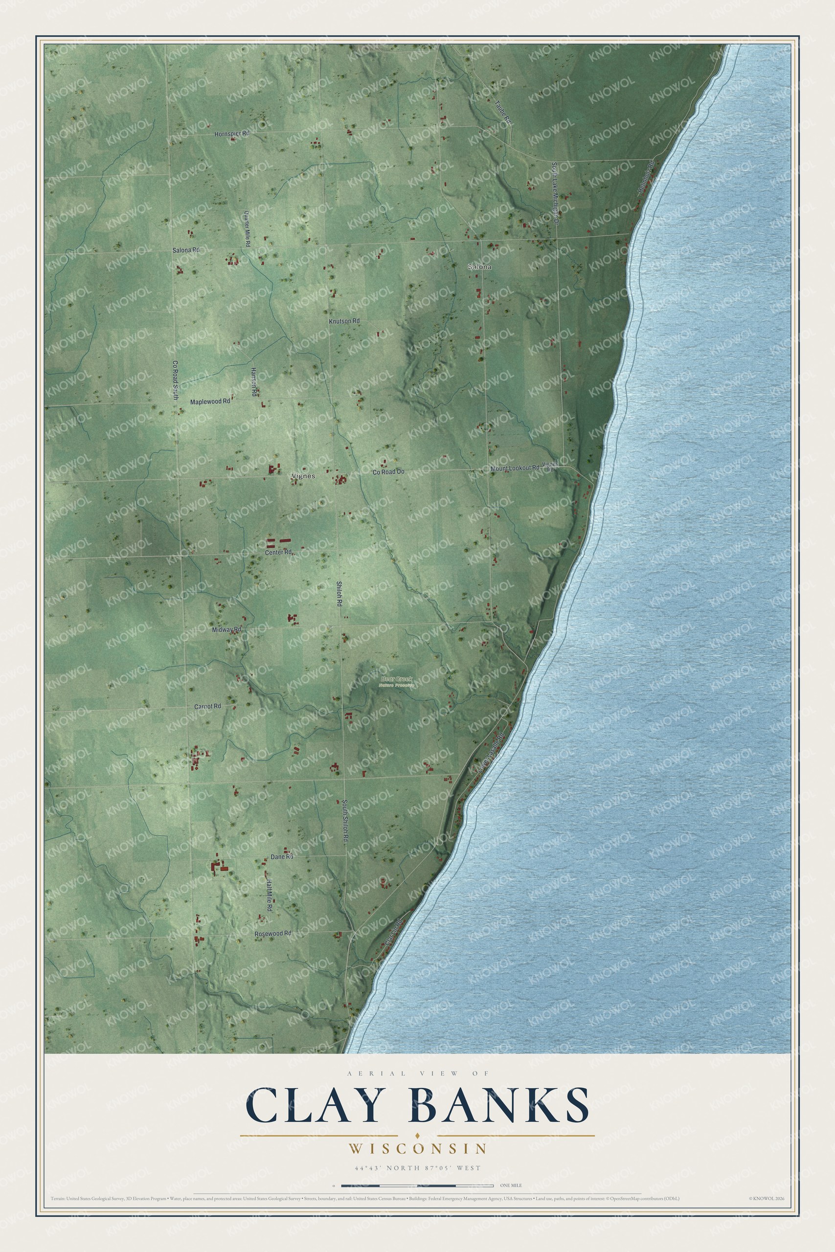 Full map of Clay Banks, Wisconsin, with red buildings, printed street names and the land around them