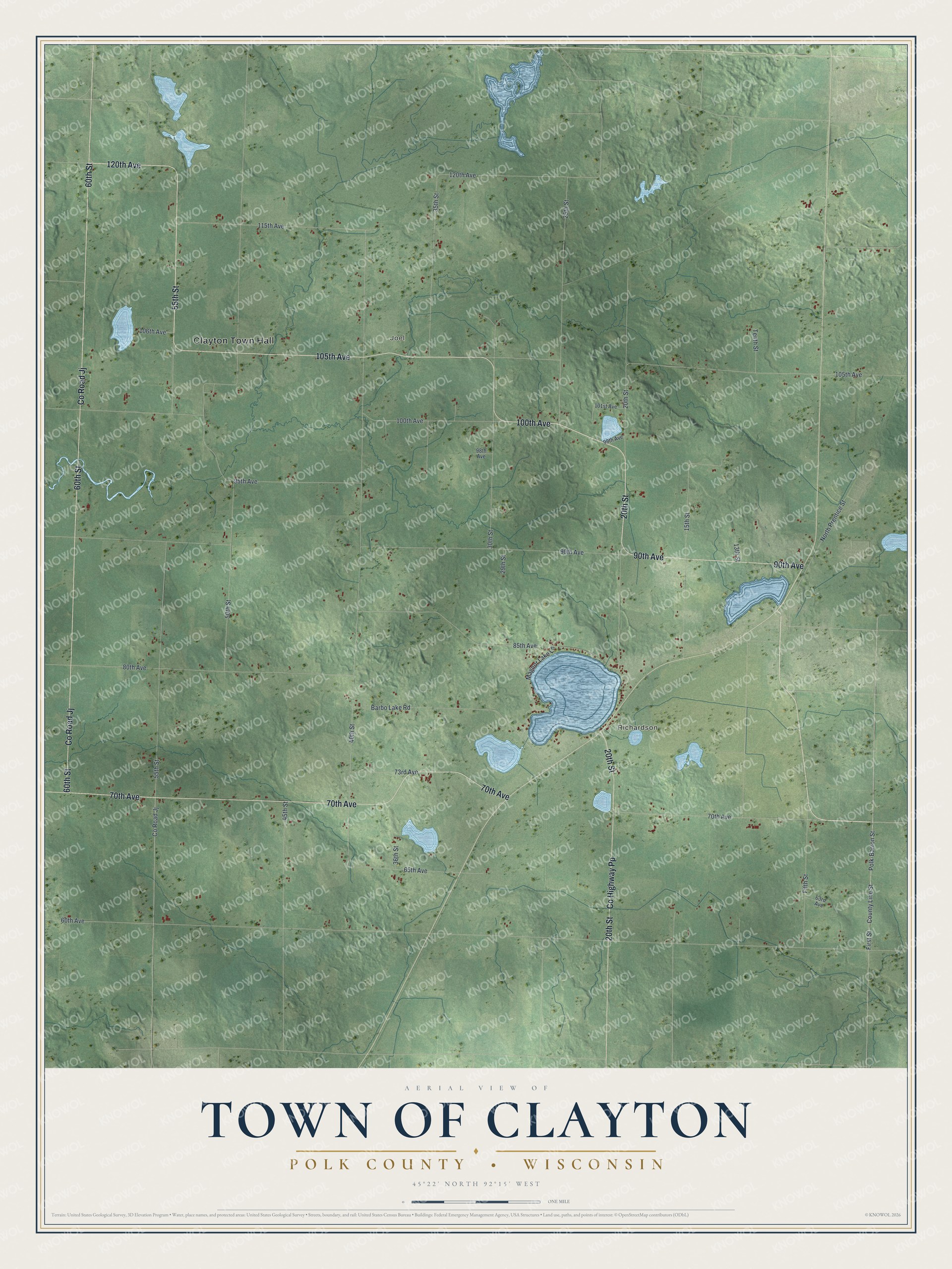 Full map of Clayton, Wisconsin, with red buildings, printed street names and the land around them
