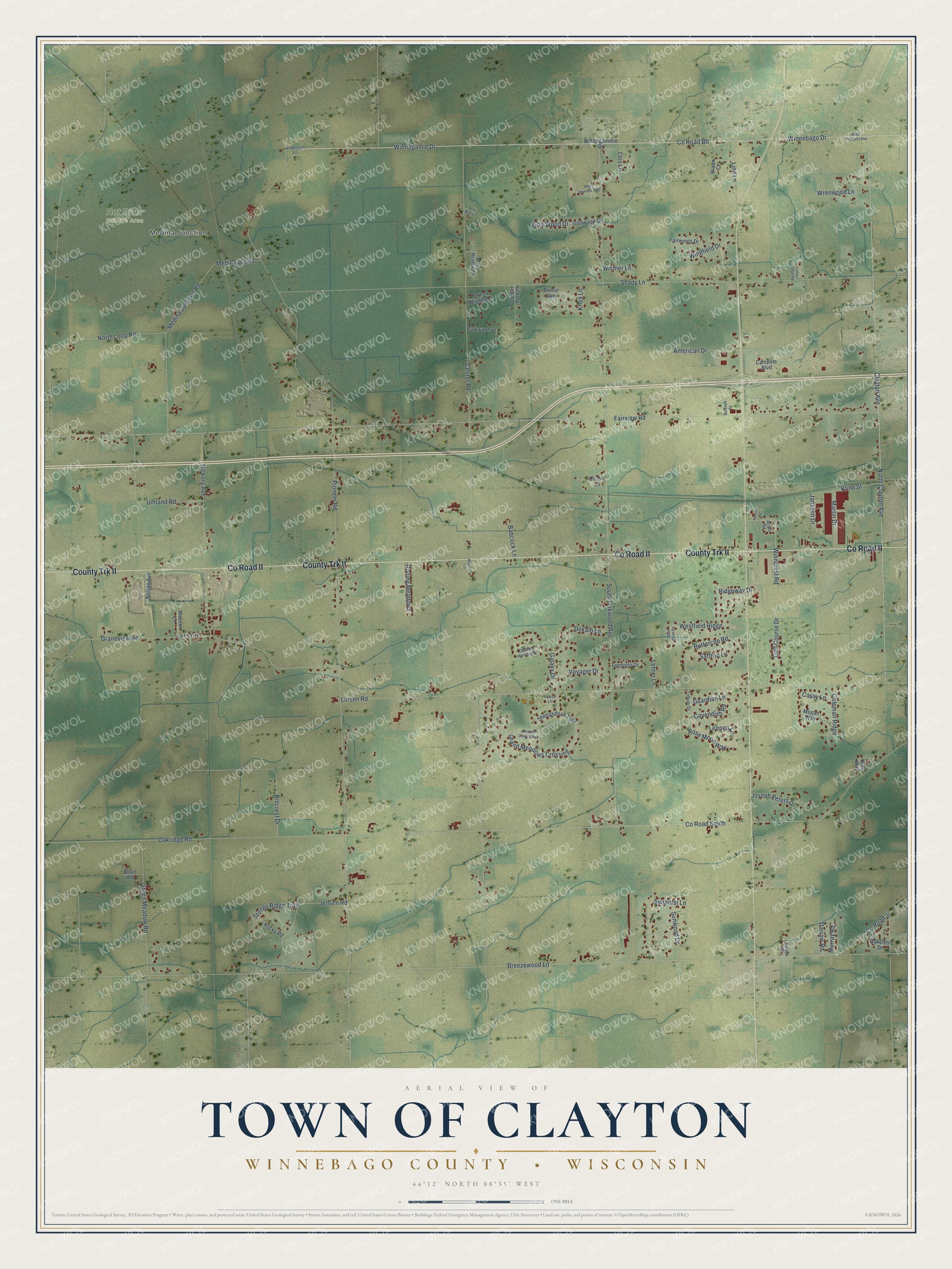 Full map of Clayton, Wisconsin, with red buildings, printed street names and the land around them