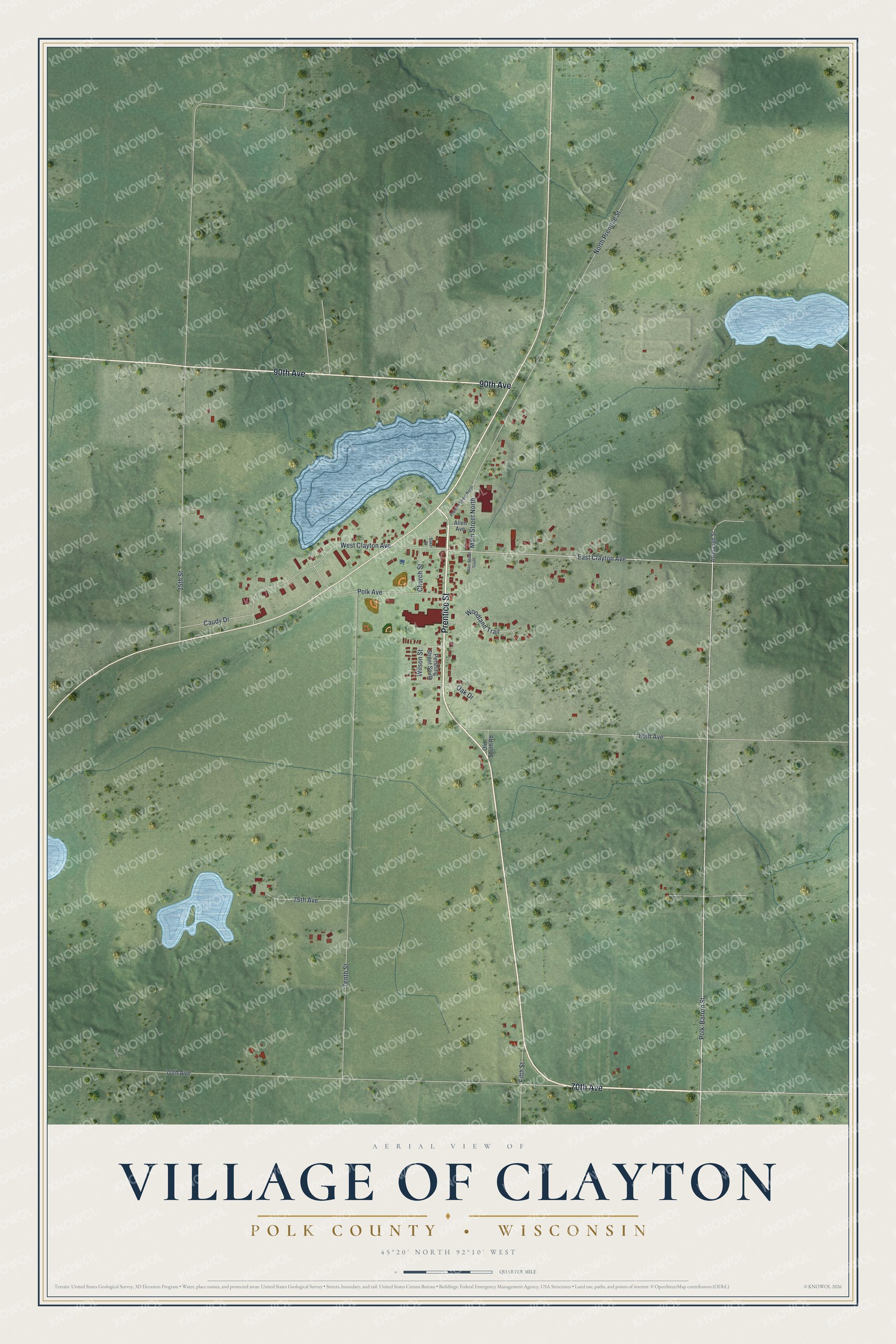 Full map of Clayton, Wisconsin, with red buildings, printed street names and the land around them
