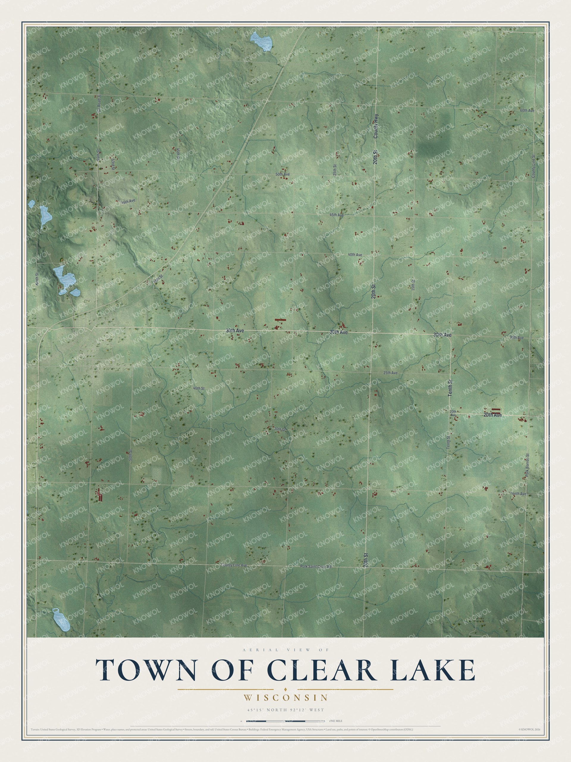 Full map of Clear Lake, Wisconsin, with red buildings, printed street names and the land around them