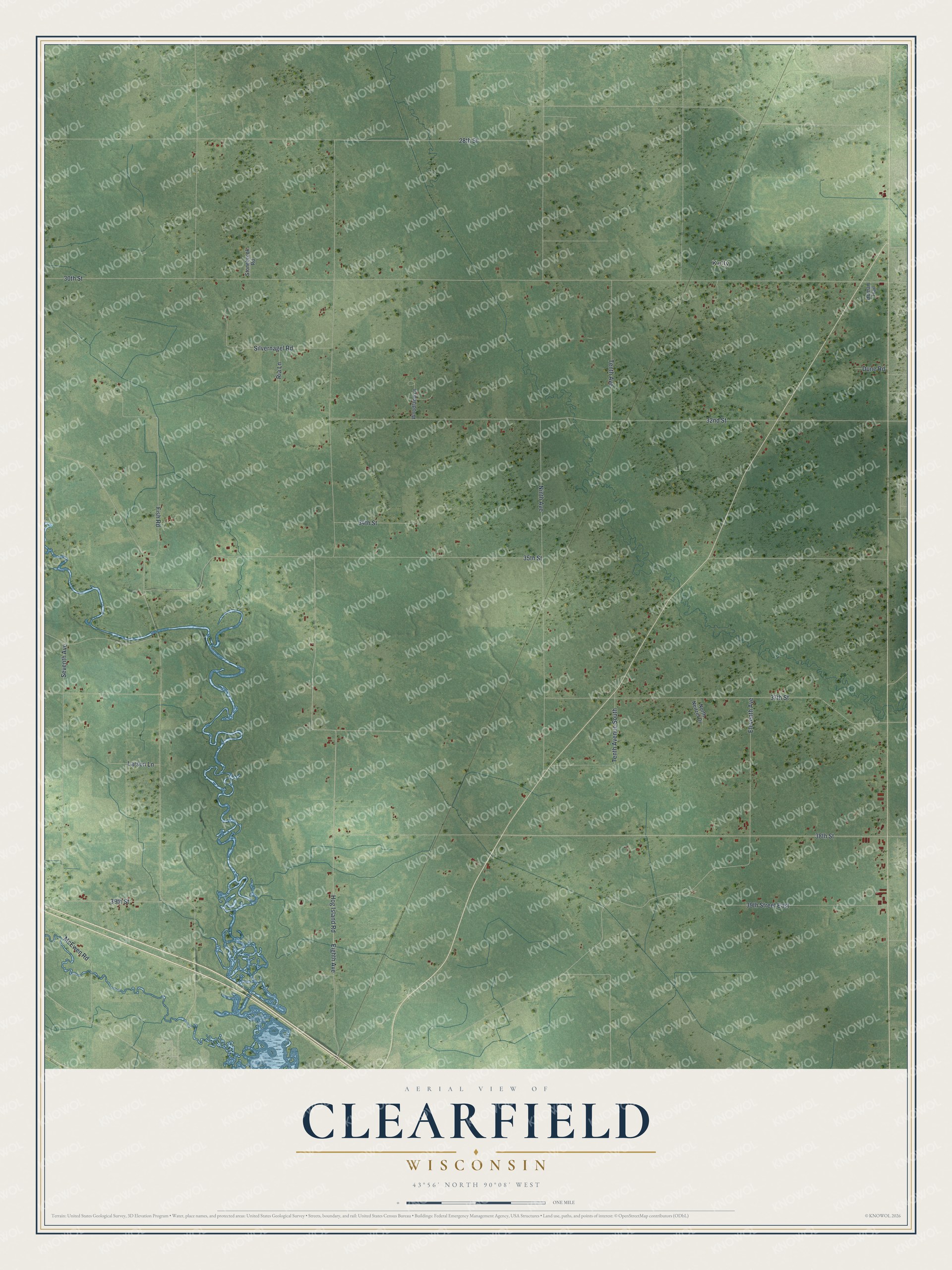 Full map of Clearfield, Wisconsin, with red buildings, printed street names and the land around them