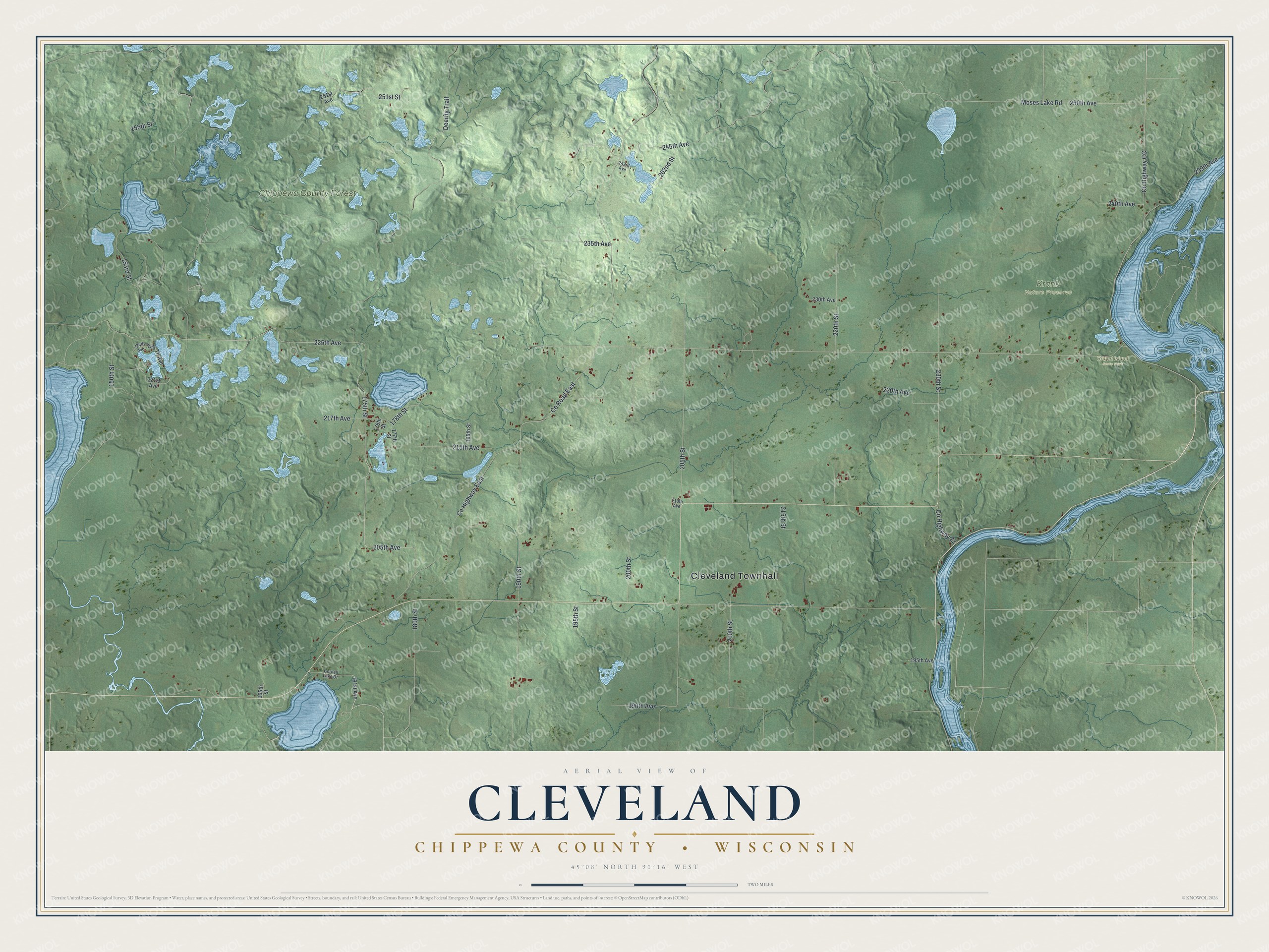 Full map of Cleveland, Wisconsin, with red buildings, printed street names and the land around them