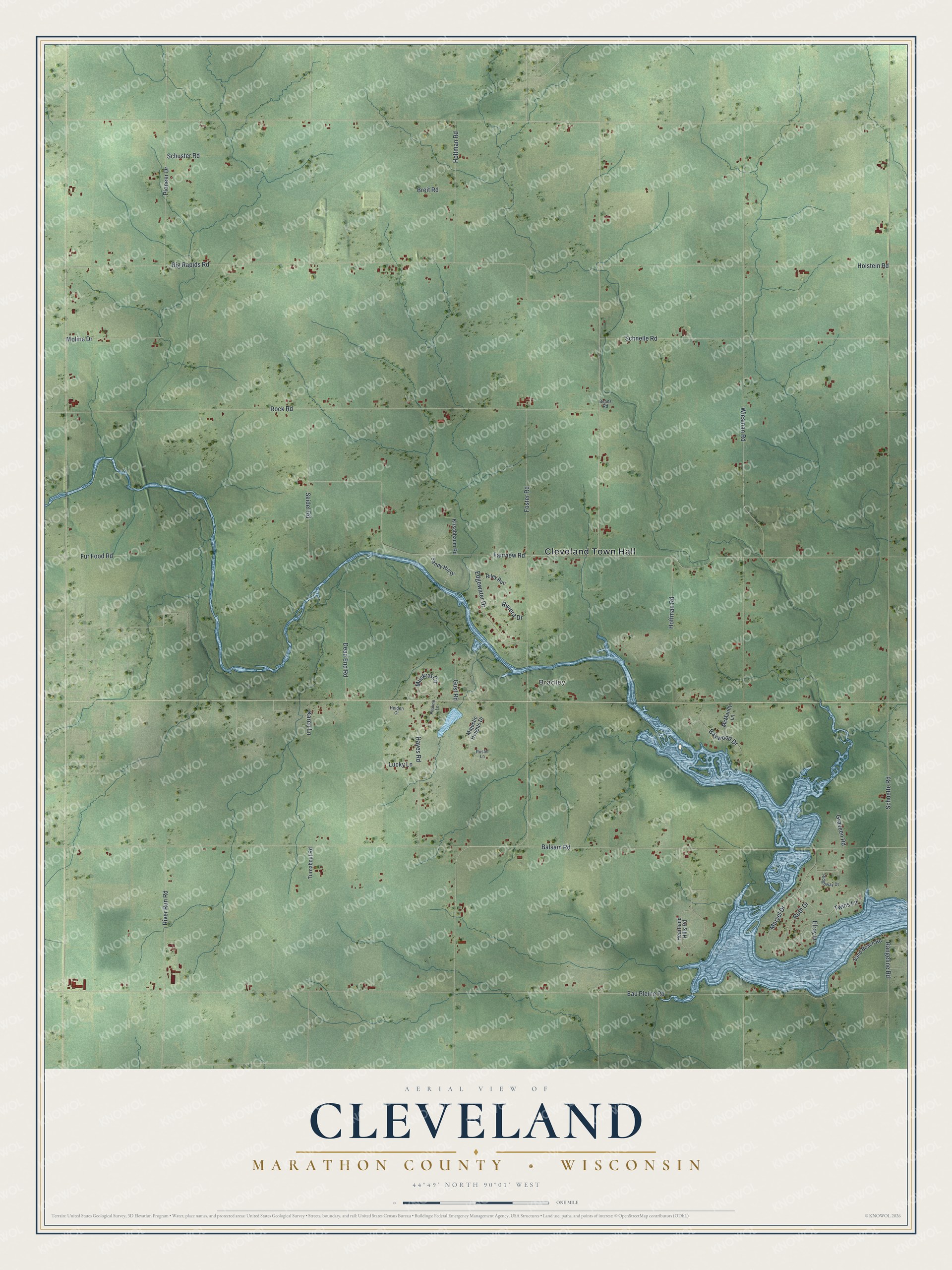 Full map of Cleveland, Wisconsin, with red buildings, printed street names and the land around them