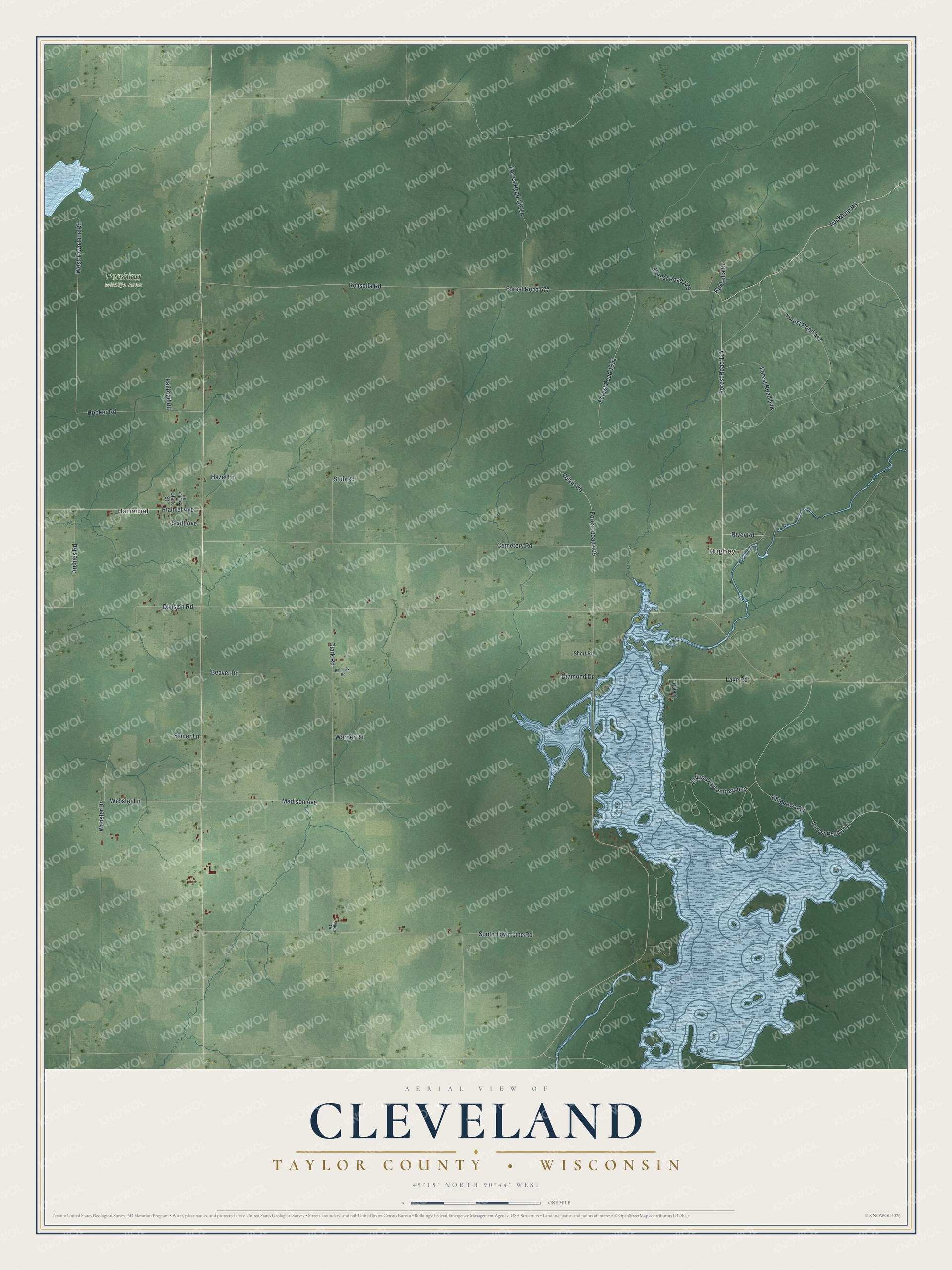 Full map of Cleveland, Wisconsin, with red buildings, printed street names and the land around them