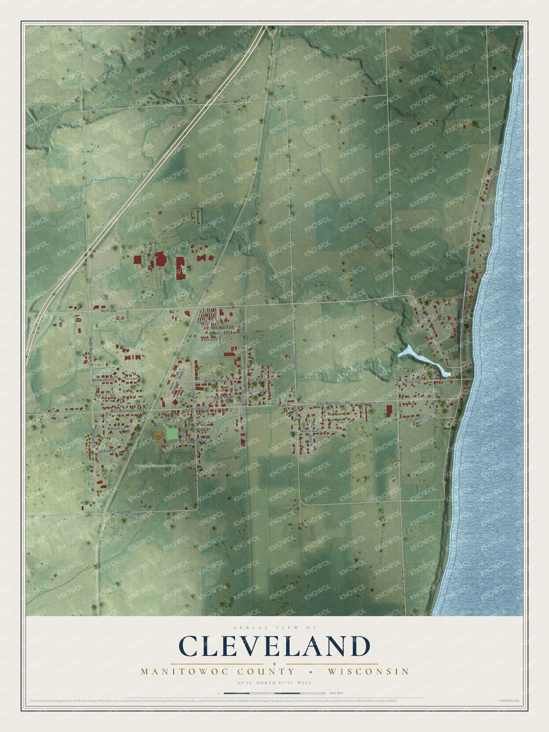 Full map of Cleveland, Wisconsin, with red buildings, printed street names and the land around them