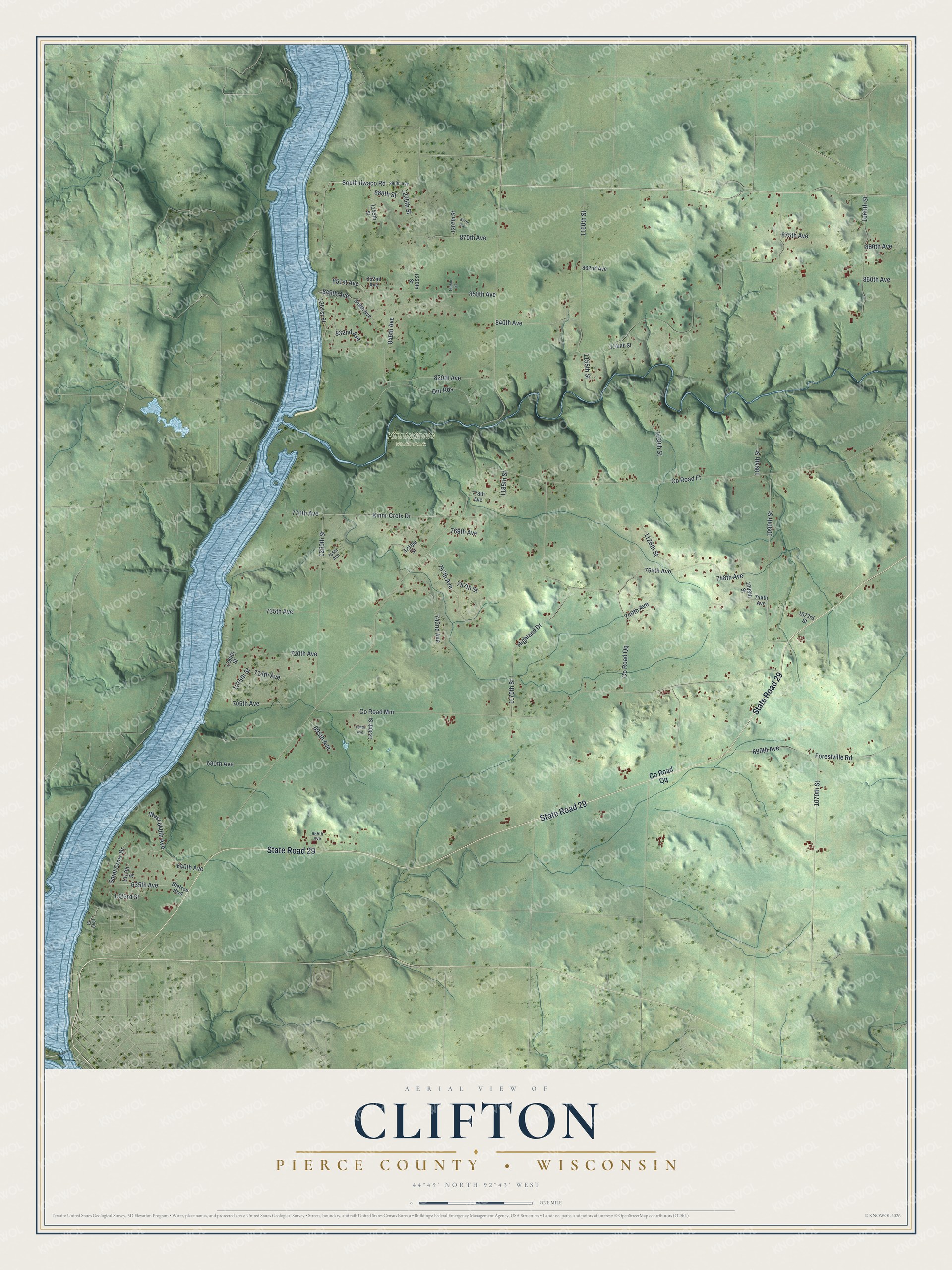 Full map of Clifton, Wisconsin, with red buildings, printed street names and the land around them