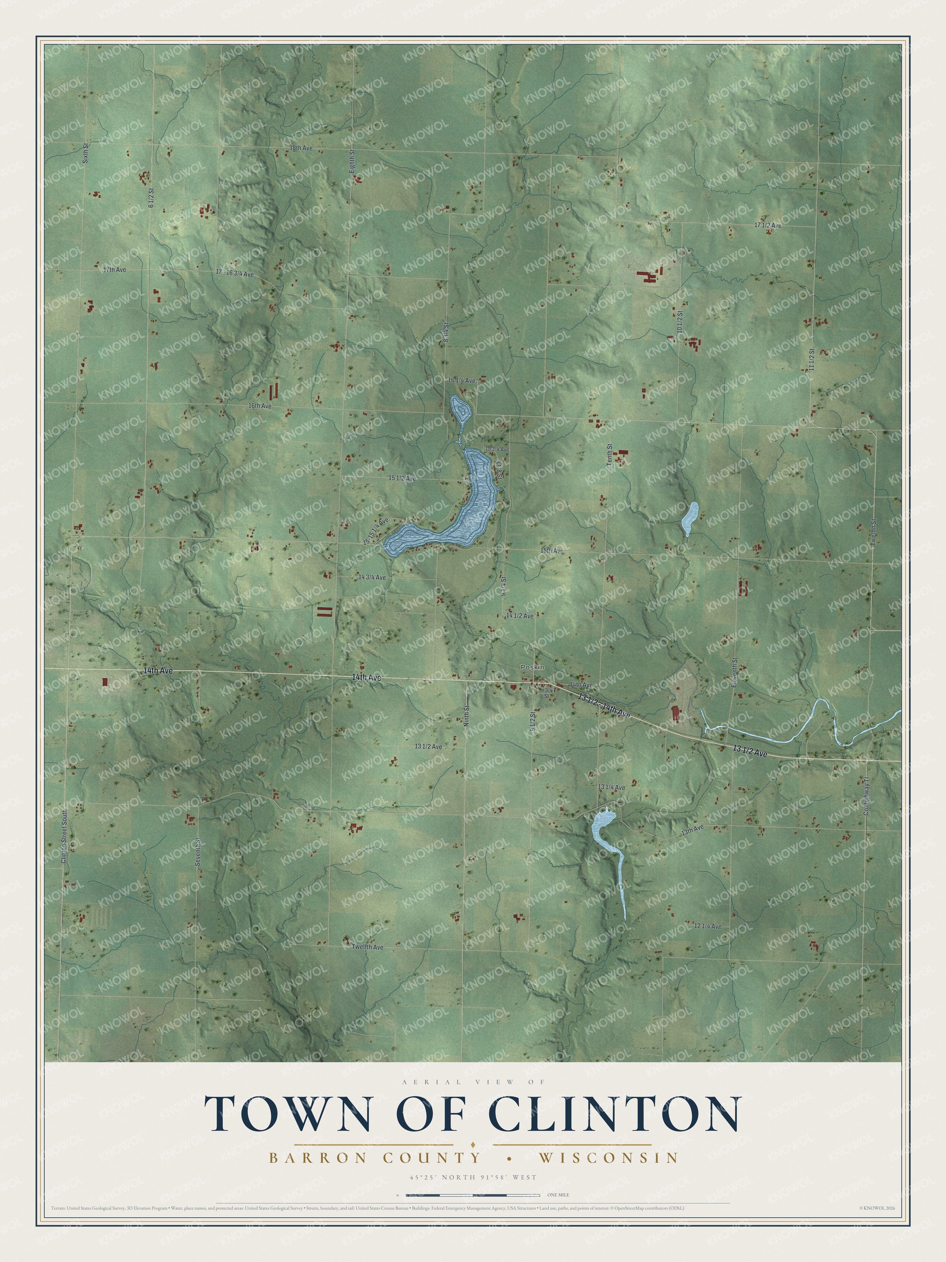 Full map of Clinton, Wisconsin, with red buildings, printed street names and the land around them