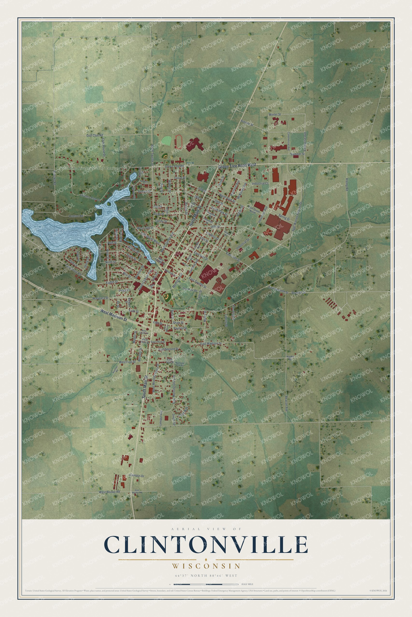 Full map of Clintonville, Wisconsin, with red buildings, printed street names and the land around them