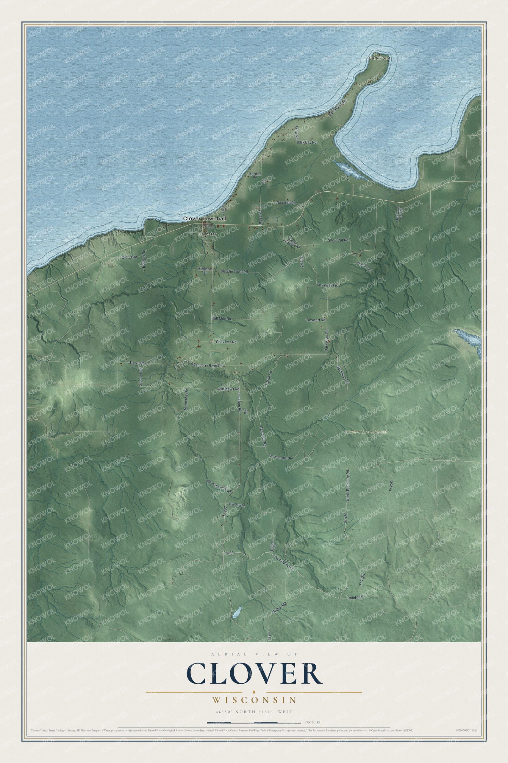 Full map of Clover, Wisconsin, with red buildings, printed street names and the land around them