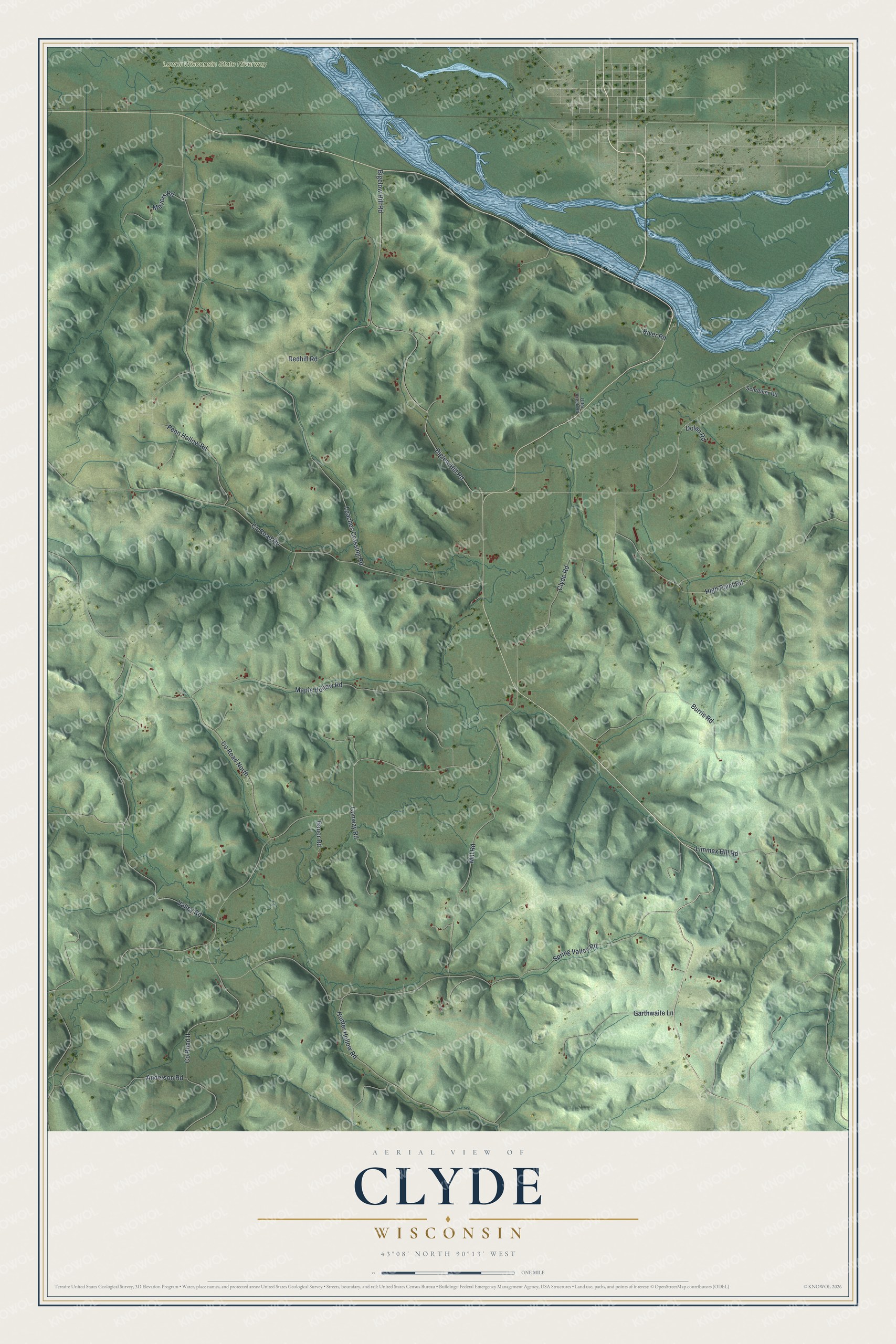 Full map of Clyde, Wisconsin, with red buildings, printed street names and the land around them
