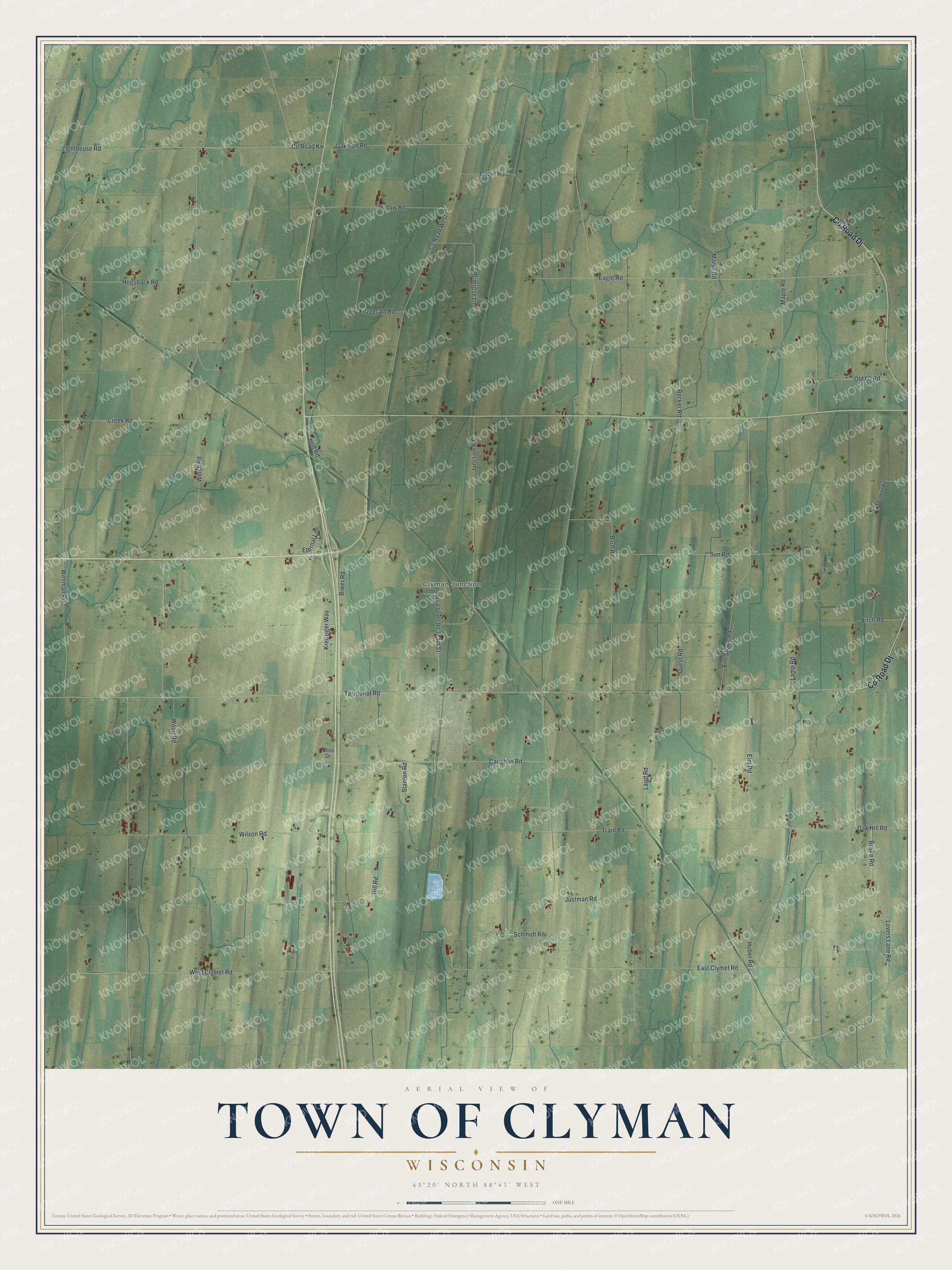 Full map of Clyman, Wisconsin, with red buildings, printed street names and the land around them