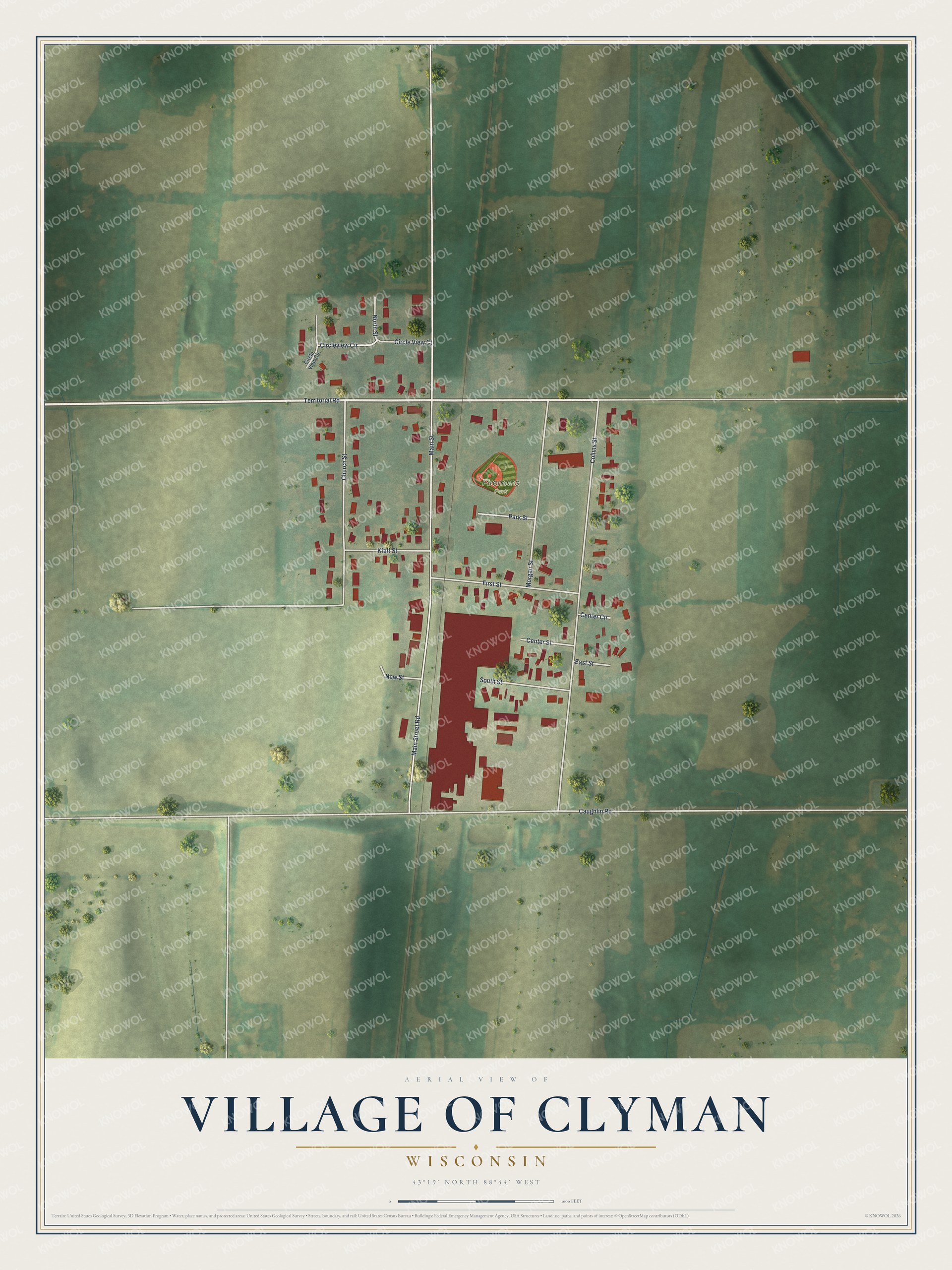 Full map of Clyman, Wisconsin, with red buildings, printed street names and the land around them