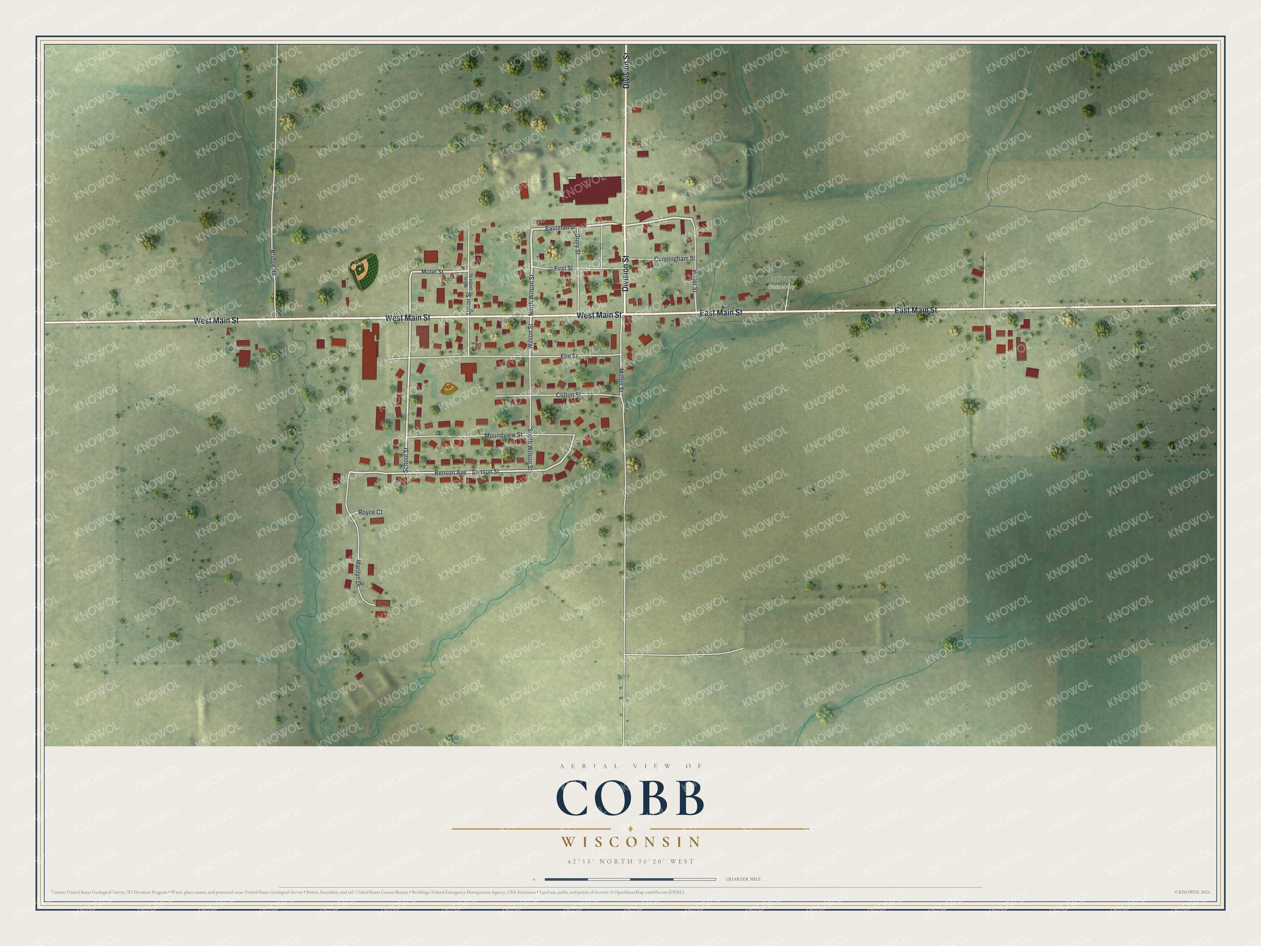 Full map of Cobb, Wisconsin, with red buildings, printed street names and the land around them