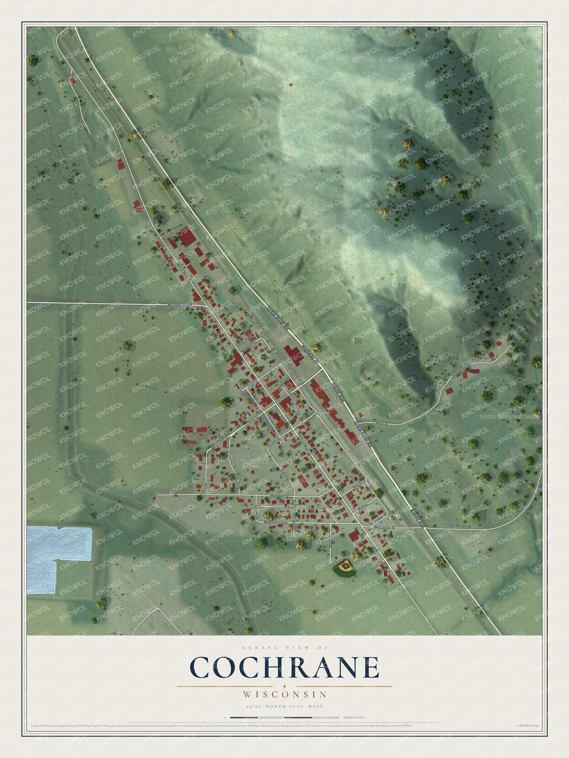 Full map of Cochrane, Wisconsin, with red buildings, printed street names and the land around them