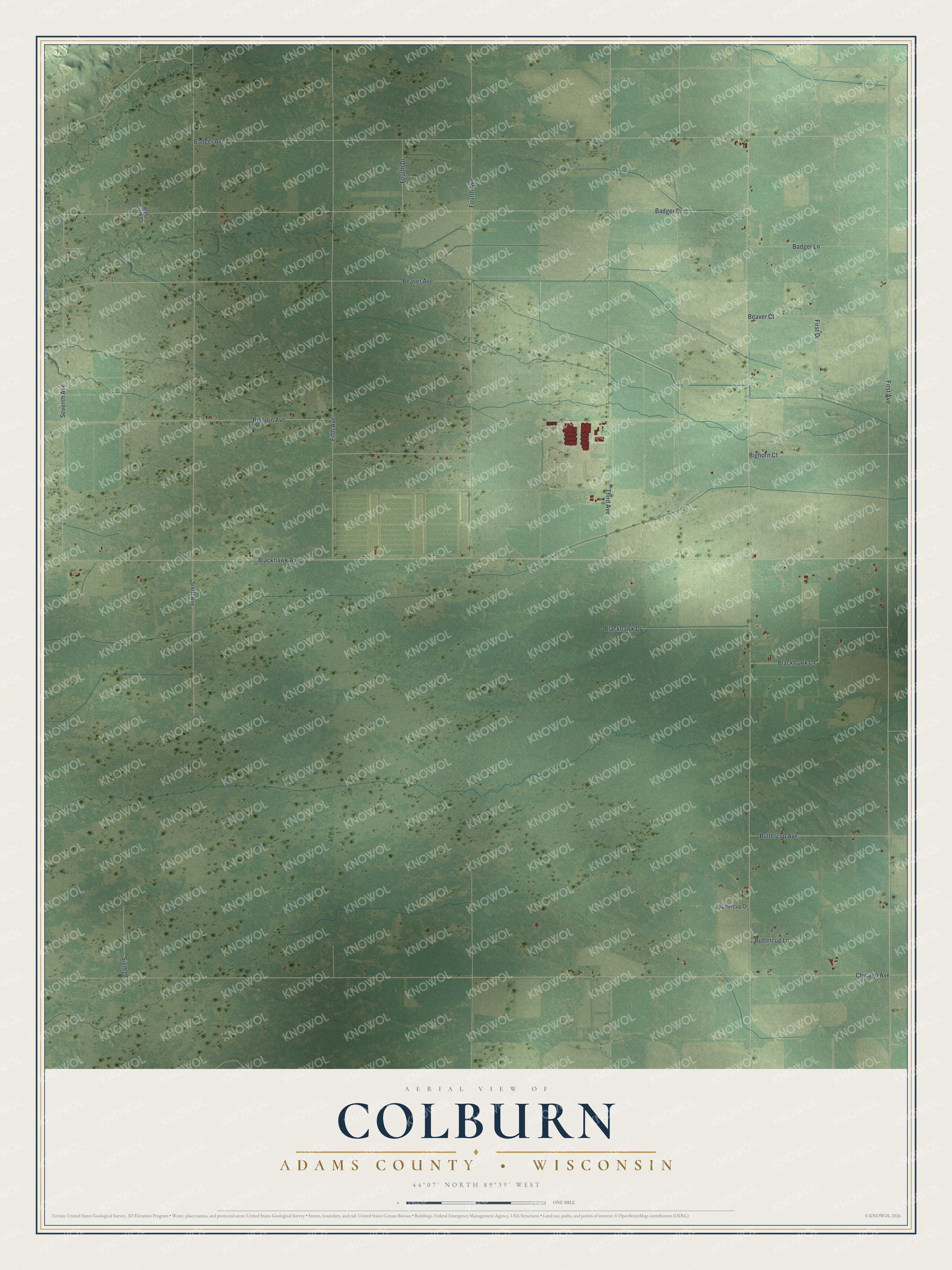 Full map of Colburn, Wisconsin, with red buildings, printed street names and the land around them