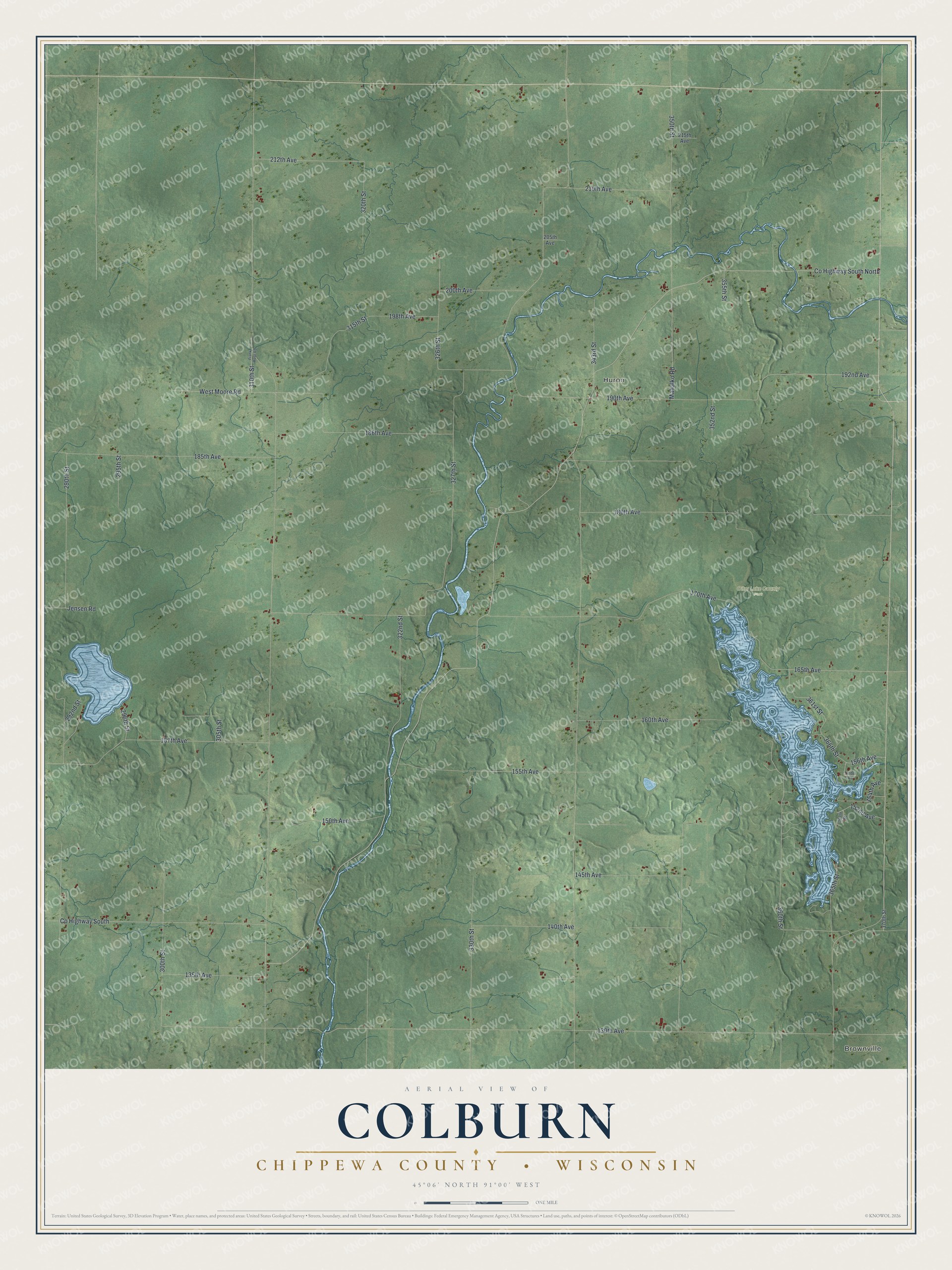 Full map of Colburn, Wisconsin, with red buildings, printed street names and the land around them