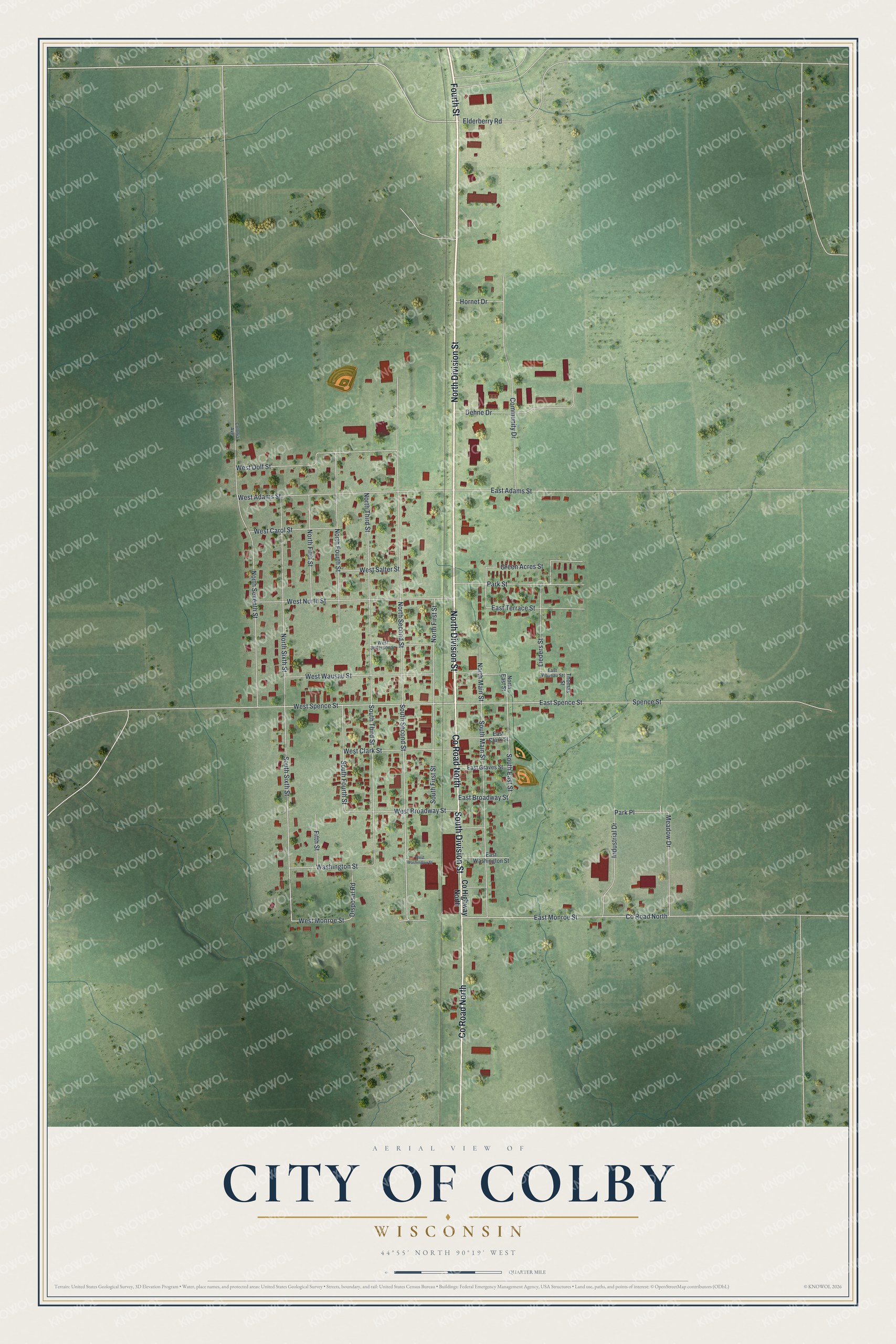 Full map of Colby, Wisconsin, with red buildings, printed street names and the land around them