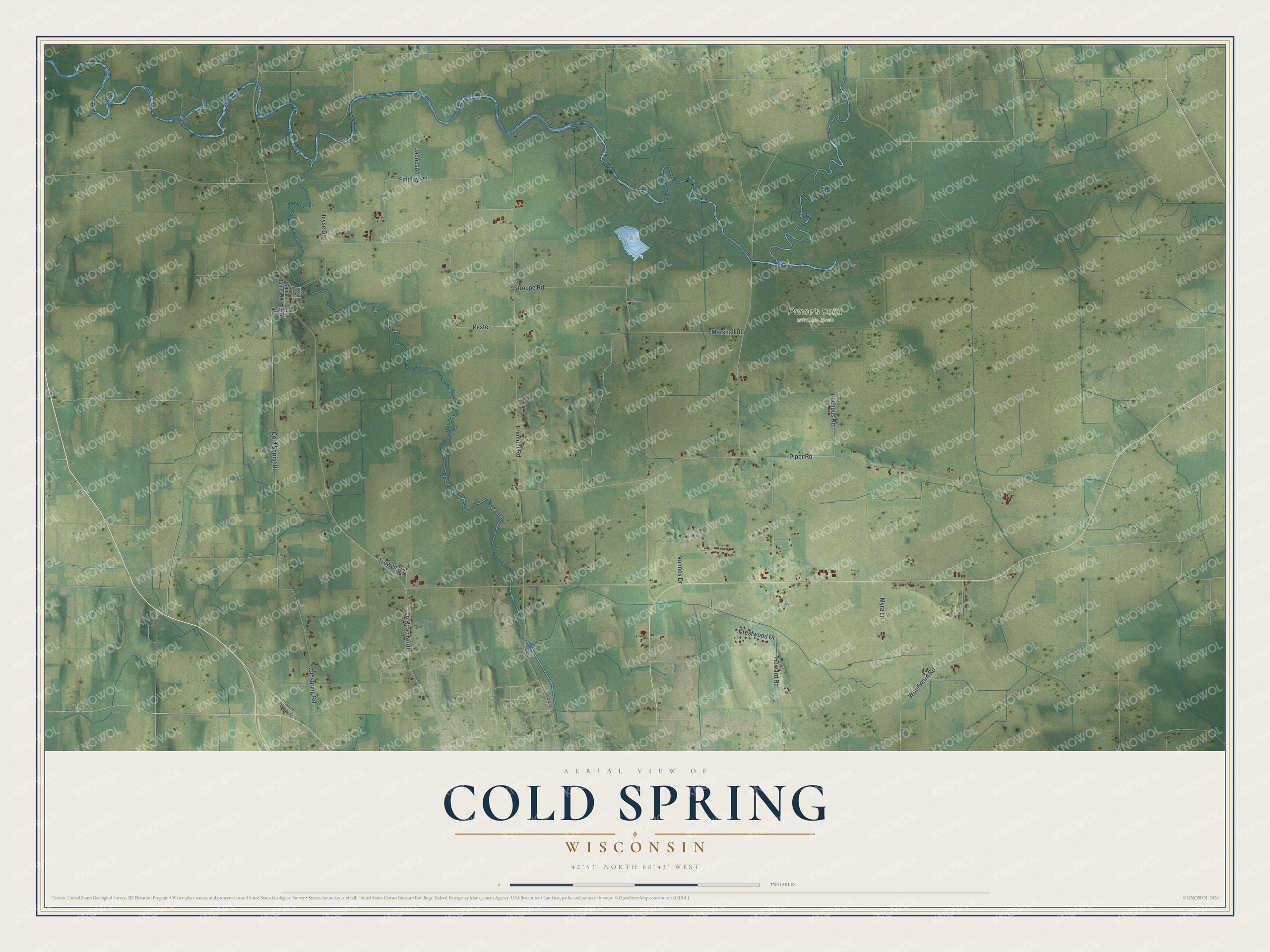 Full map of Cold Spring, Wisconsin, with red buildings, printed street names and the land around them