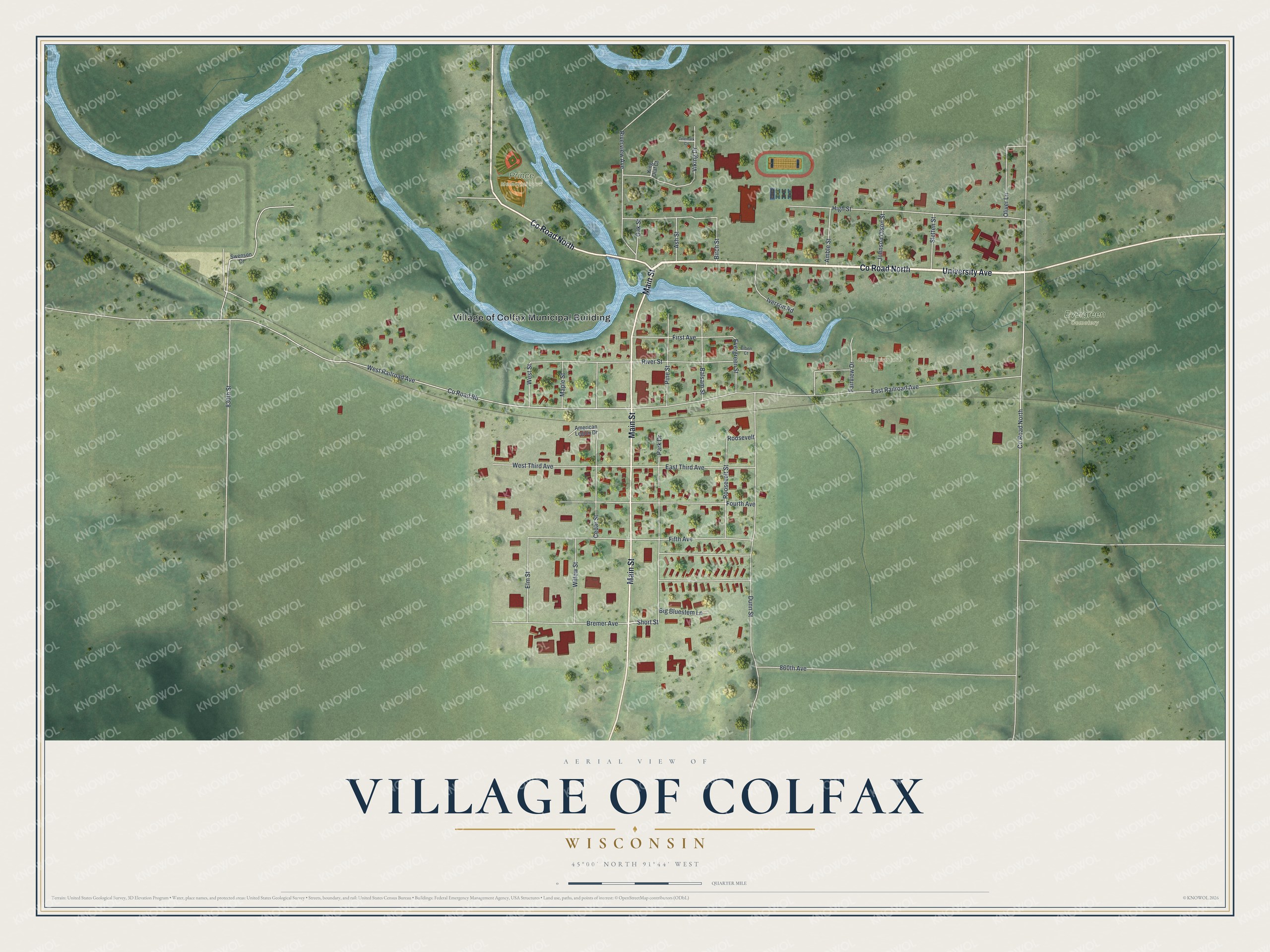 Full map of Colfax, Wisconsin, with red buildings, printed street names and the land around them