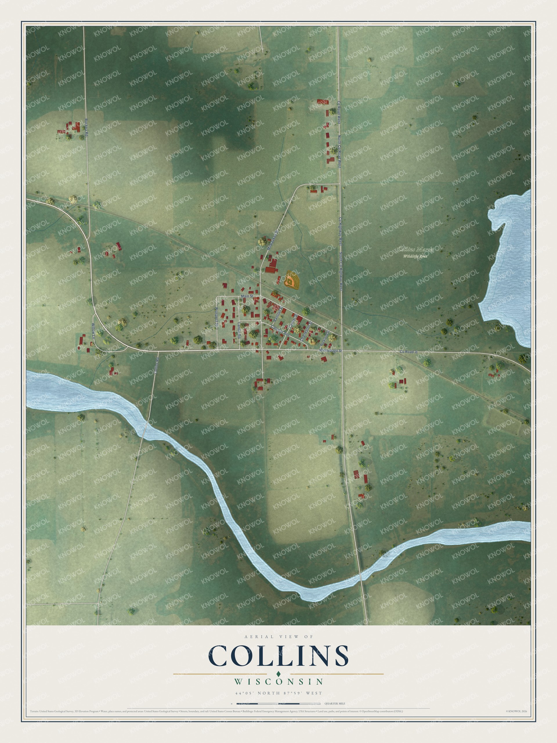 Full map of Collins, Wisconsin, with red buildings, printed street names and the land around them