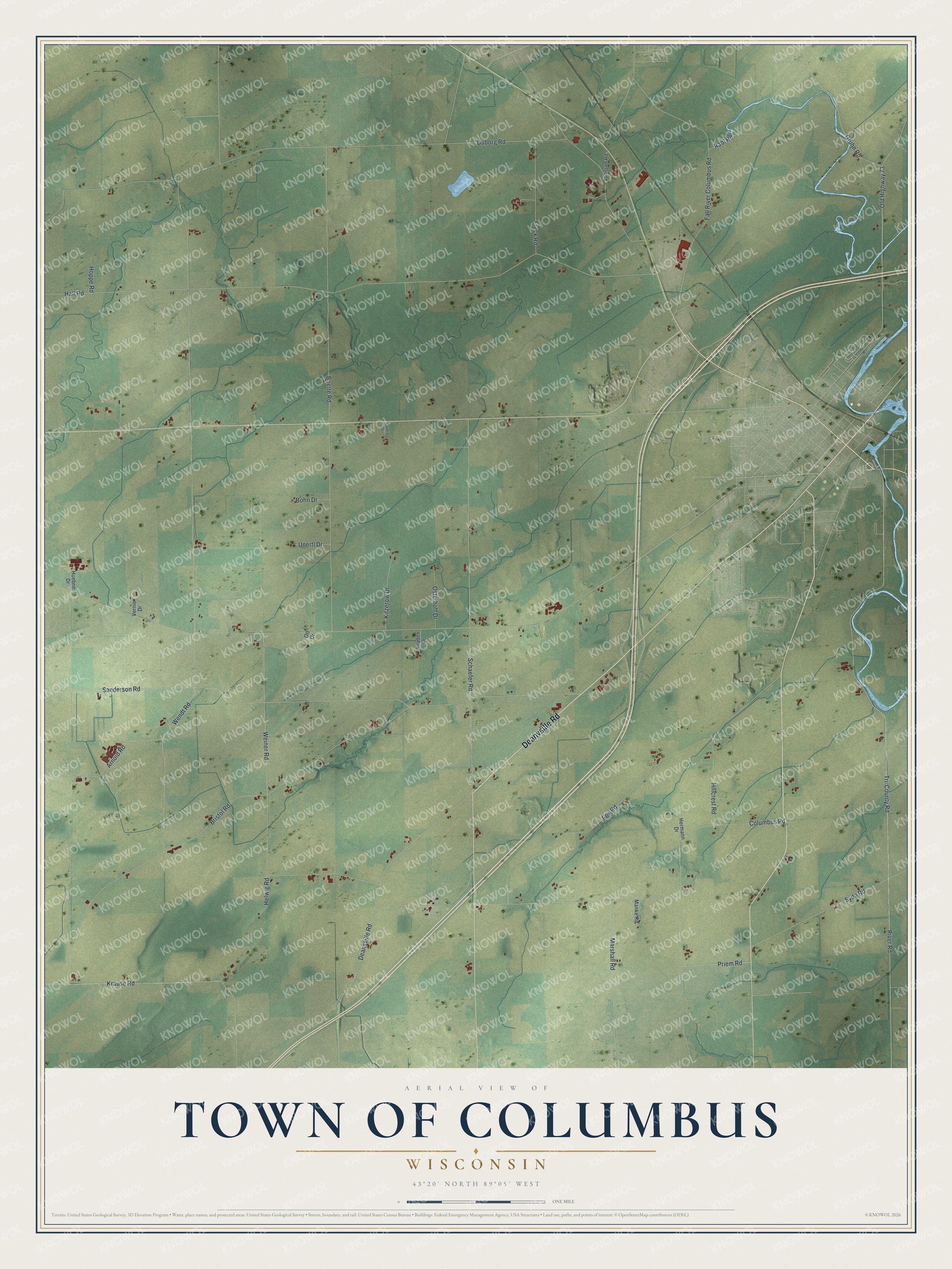 Full map of Columbus, Wisconsin, with red buildings, printed street names and the land around them