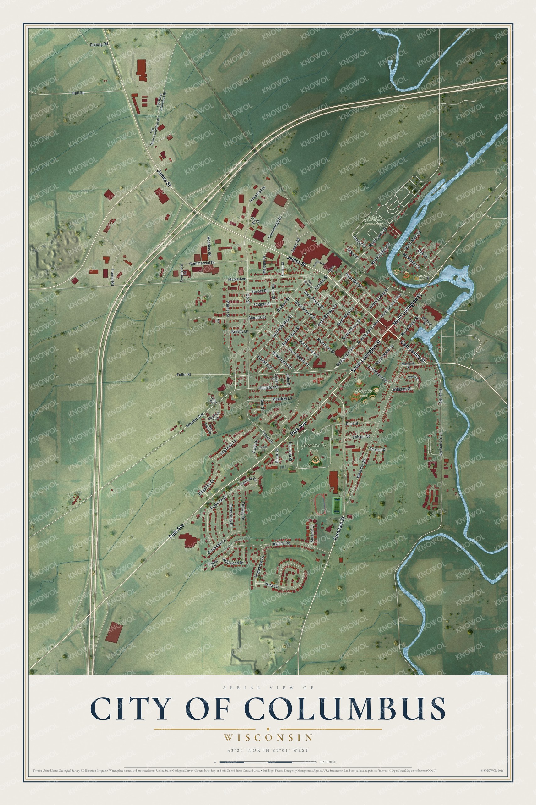 Full map of Columbus, Wisconsin, with red buildings, printed street names and the land around them