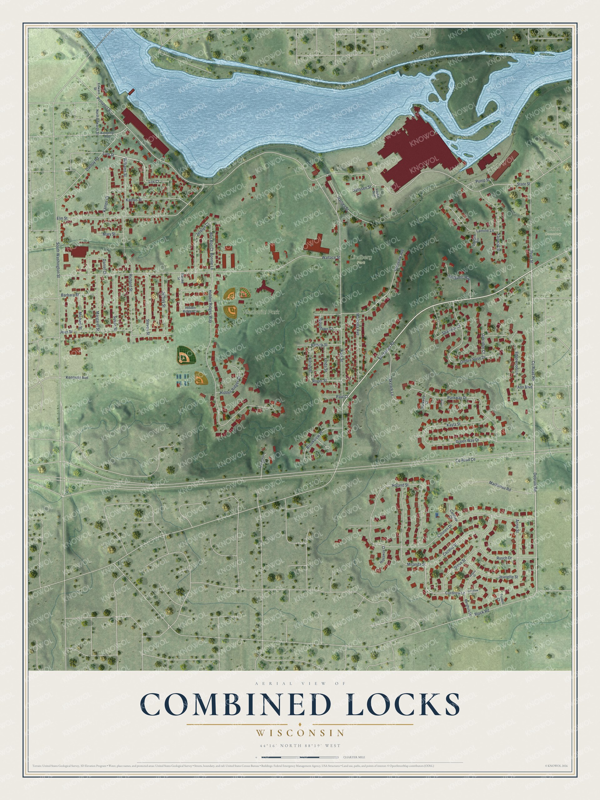 Full map of Combined Locks, Wisconsin, with red buildings, printed street names and the land around them