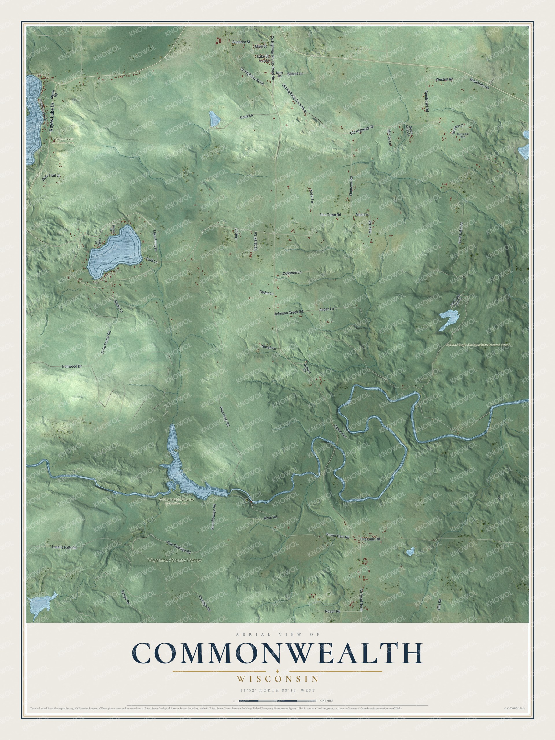 Full map of Commonwealth, Wisconsin, with red buildings, printed street names and the land around them