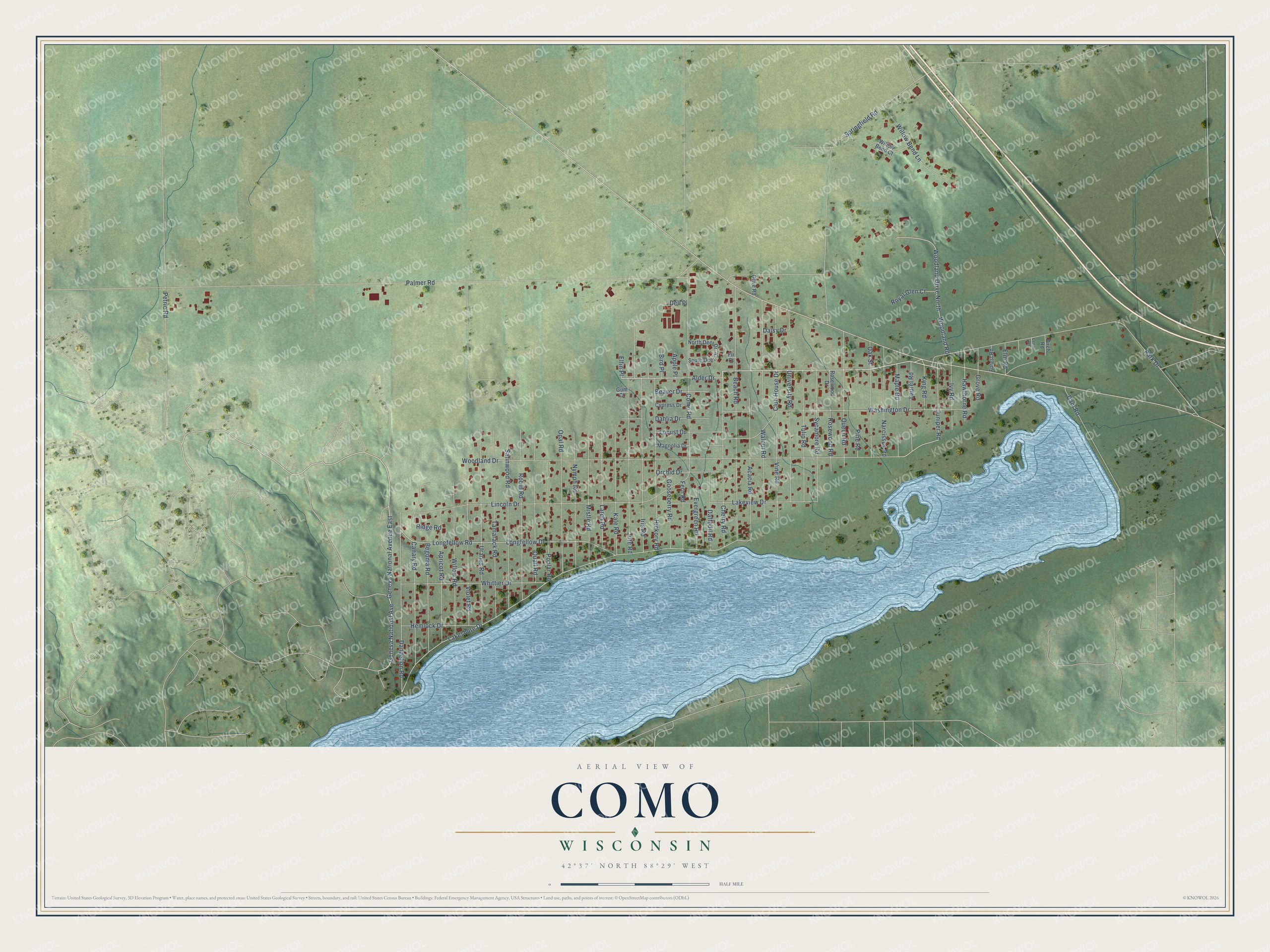 Full map of Como, Wisconsin, with red buildings, printed street names and the land around them
