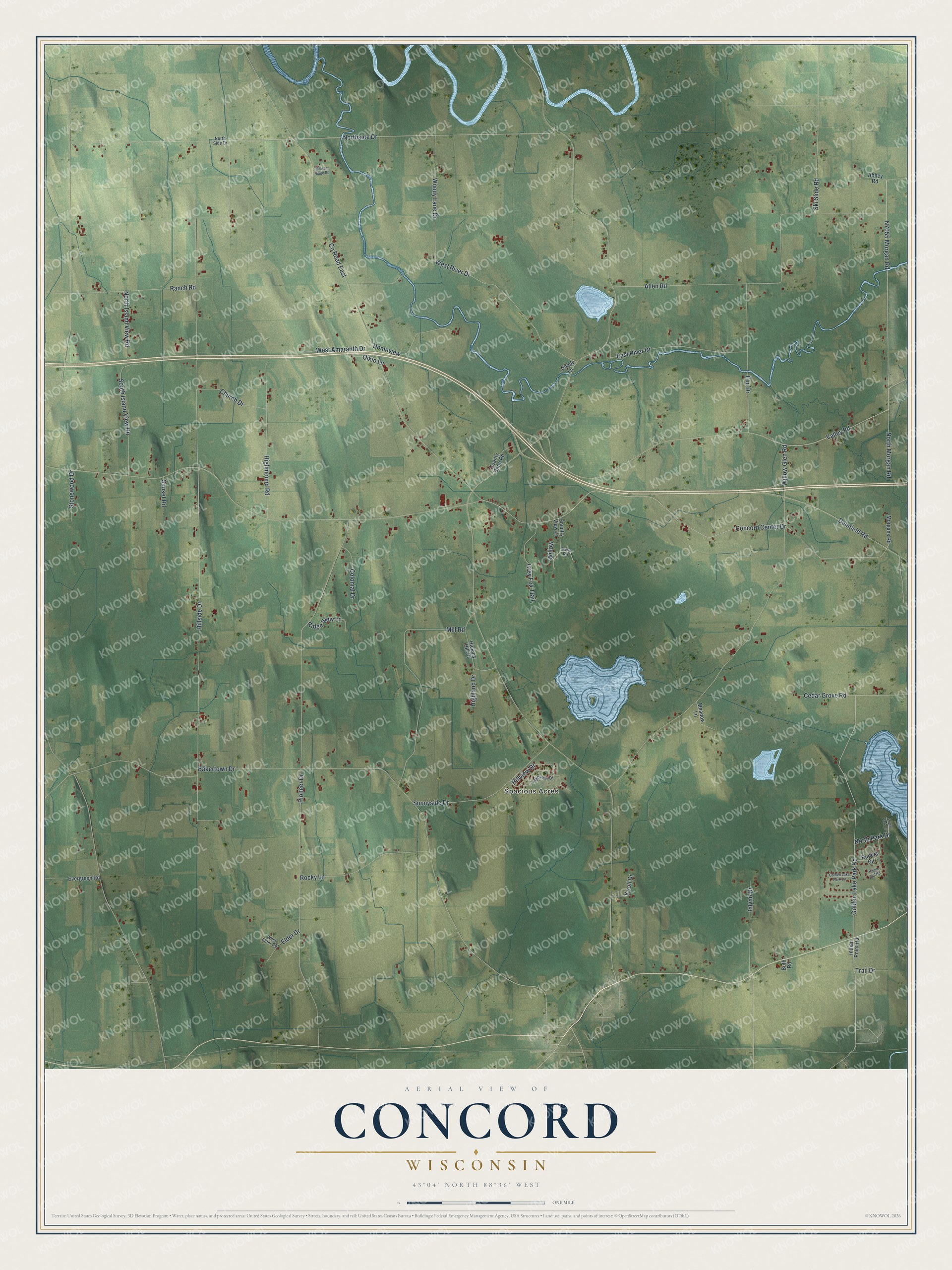 Full map of Concord, Wisconsin, with red buildings, printed street names and the land around them
