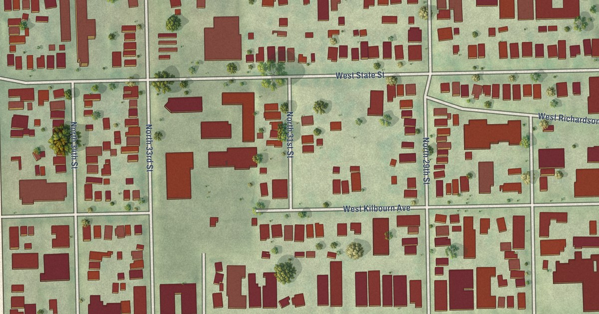 Close-up of streets and buildings in Concordia, Wisconsin