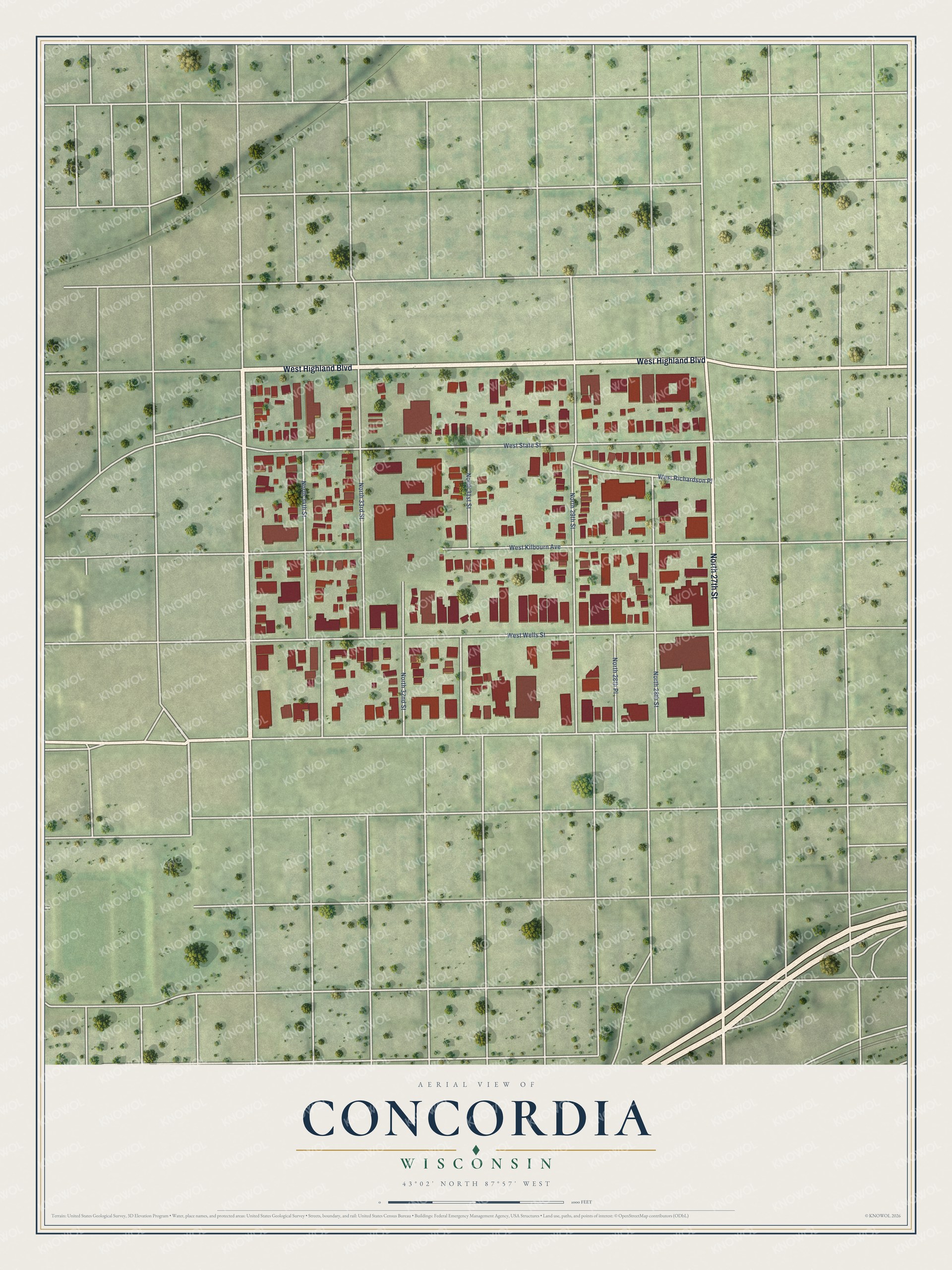 Full map of Concordia, Wisconsin, with red buildings, printed street names and the land around them