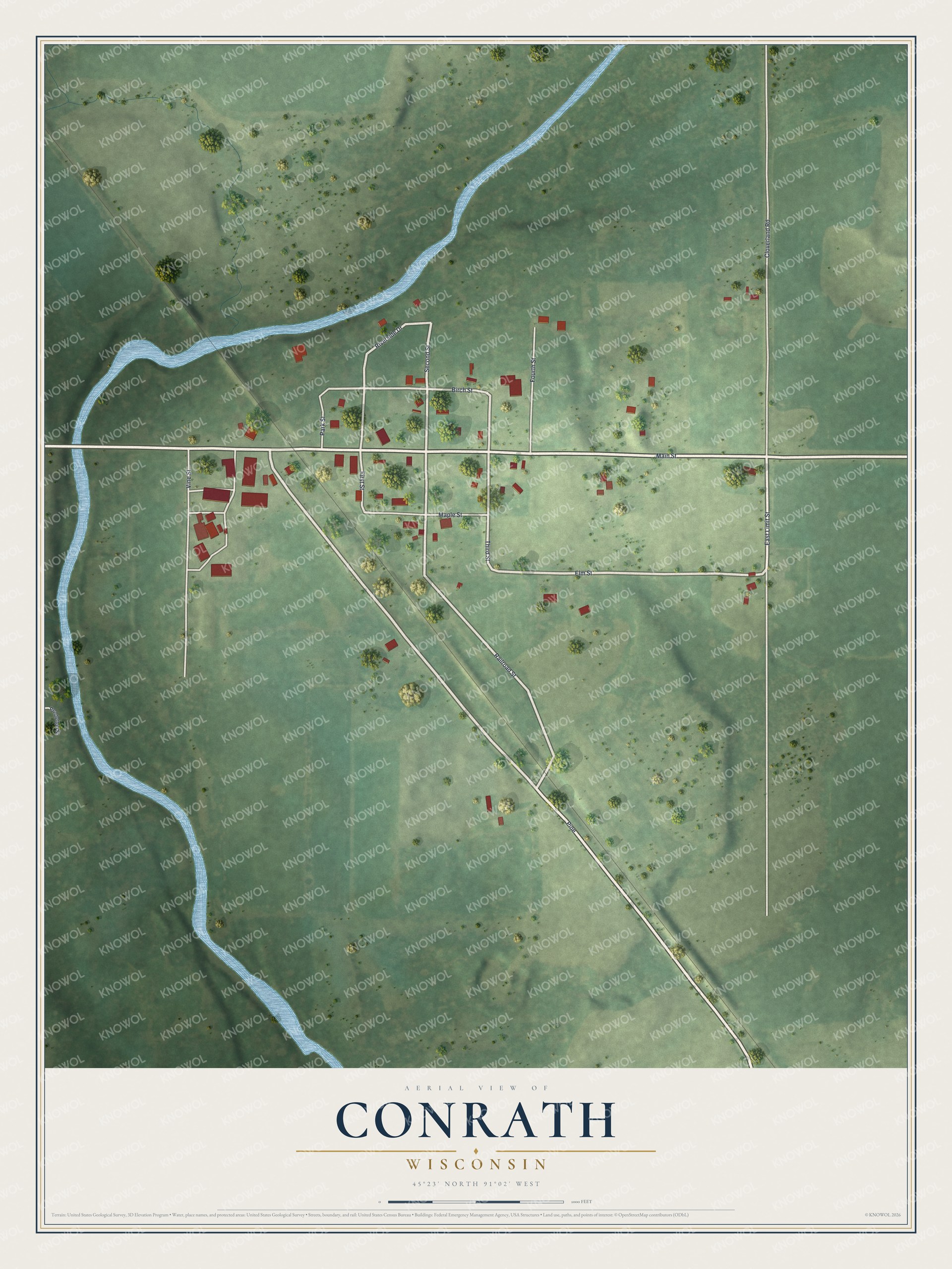 Full map of Conrath, Wisconsin, with red buildings, printed street names and the land around them