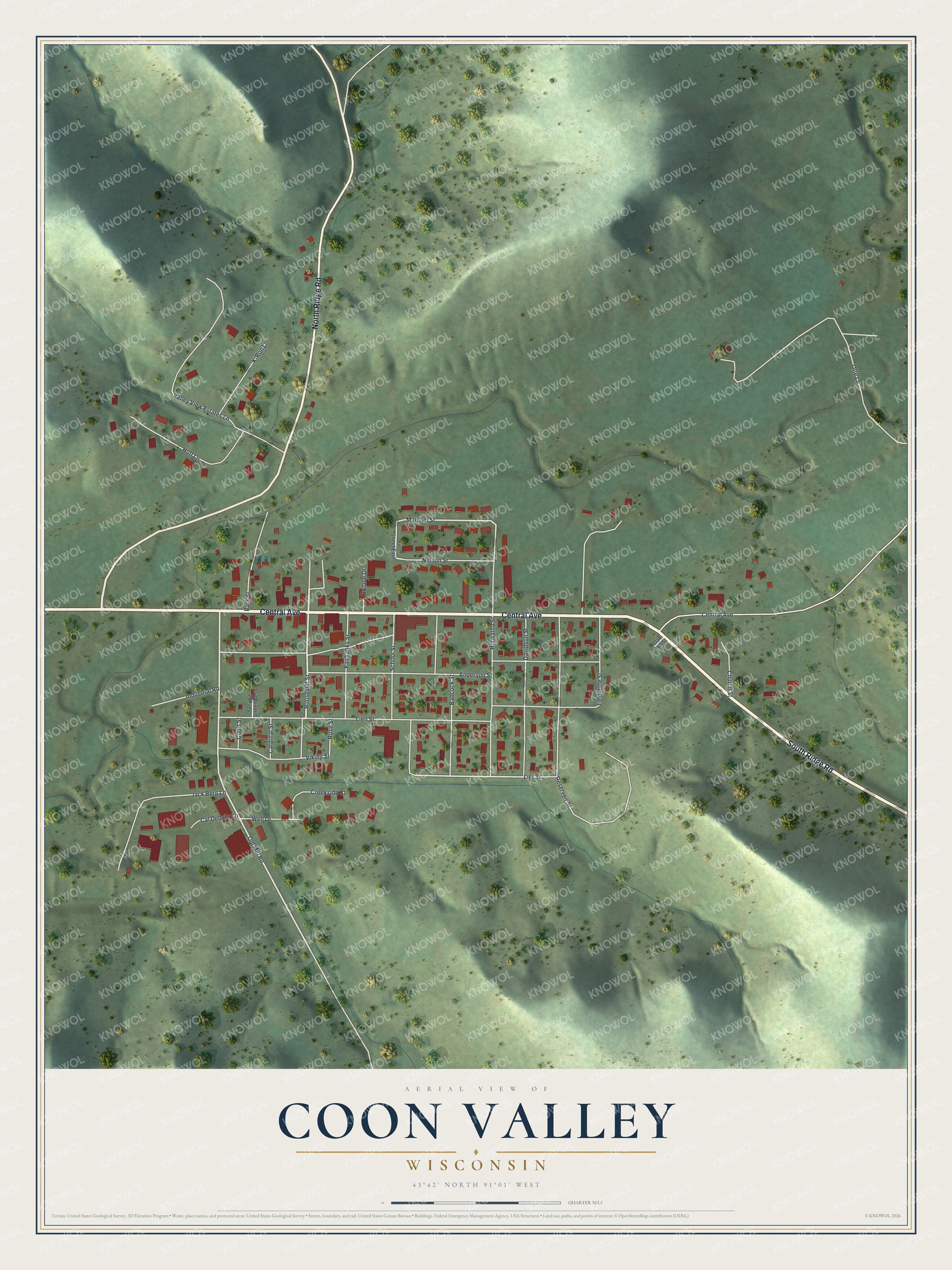 Full map of Coon Valley, Wisconsin, with red buildings, printed street names and the land around them