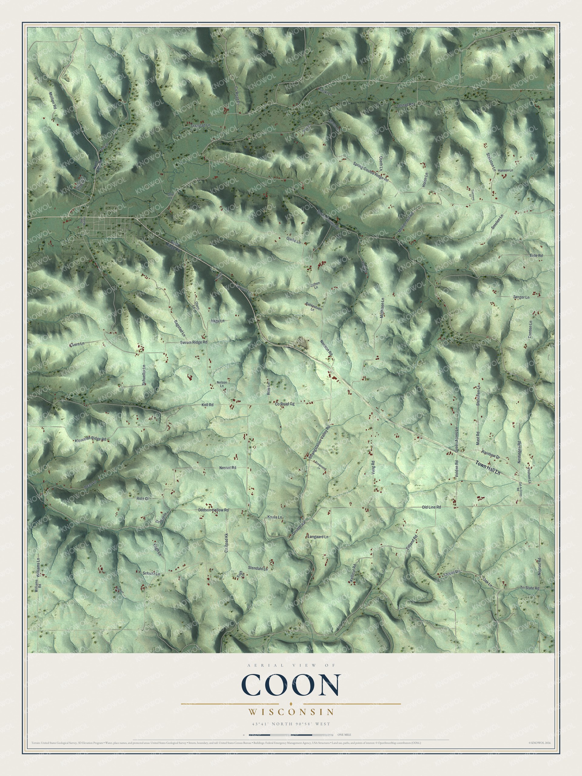 Full map of Coon, Wisconsin, with red buildings, printed street names and the land around them