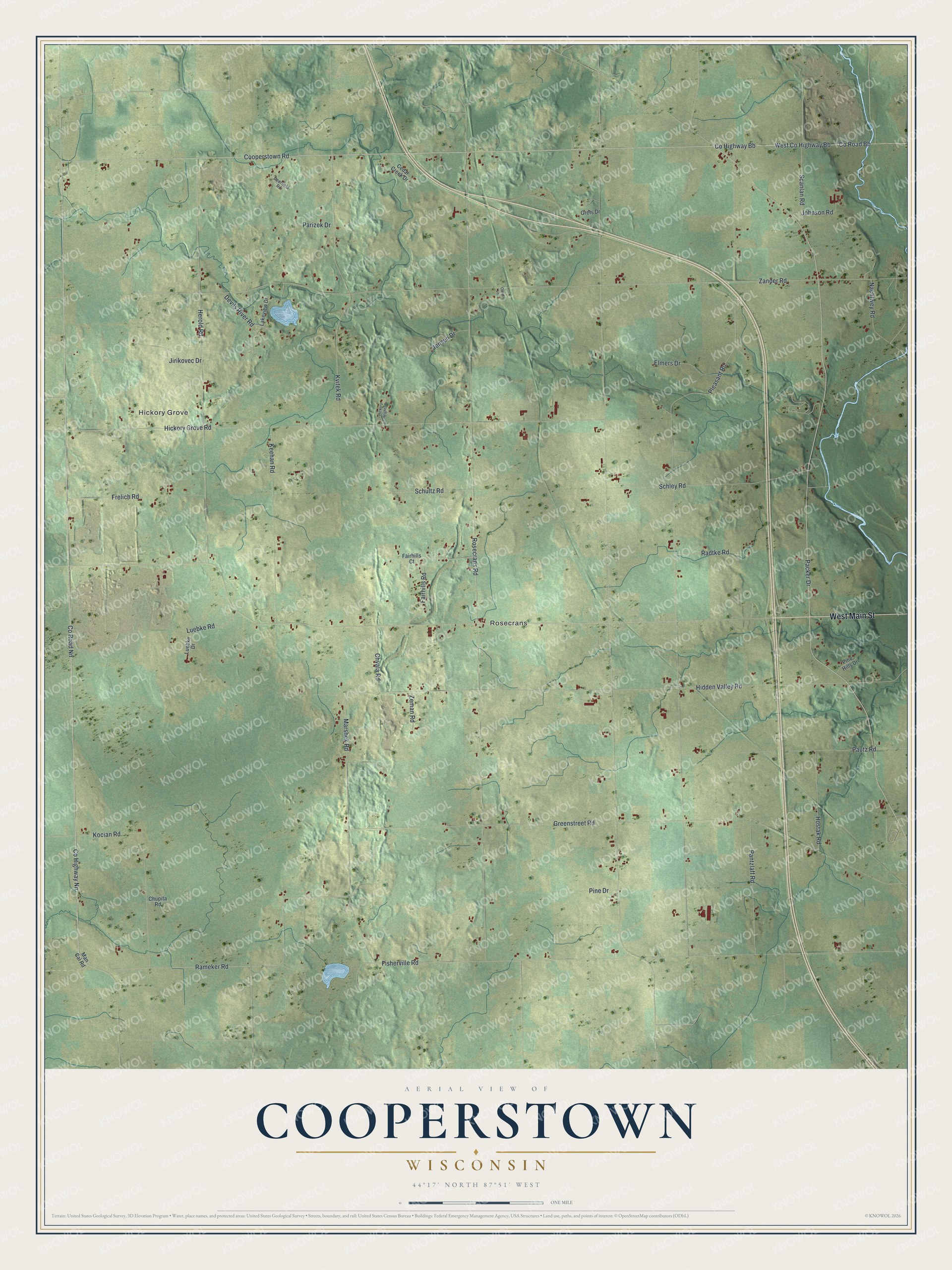Full map of Cooperstown, Wisconsin, with red buildings, printed street names and the land around them