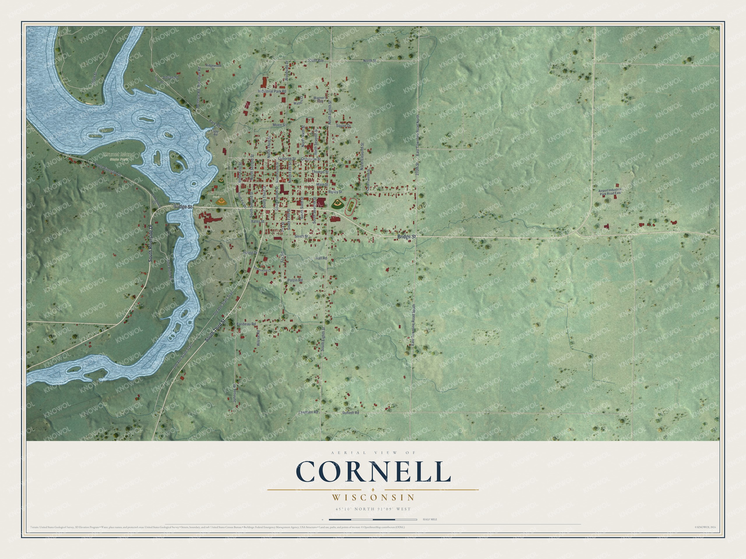 Full map of Cornell, Wisconsin, with red buildings, printed street names and the land around them