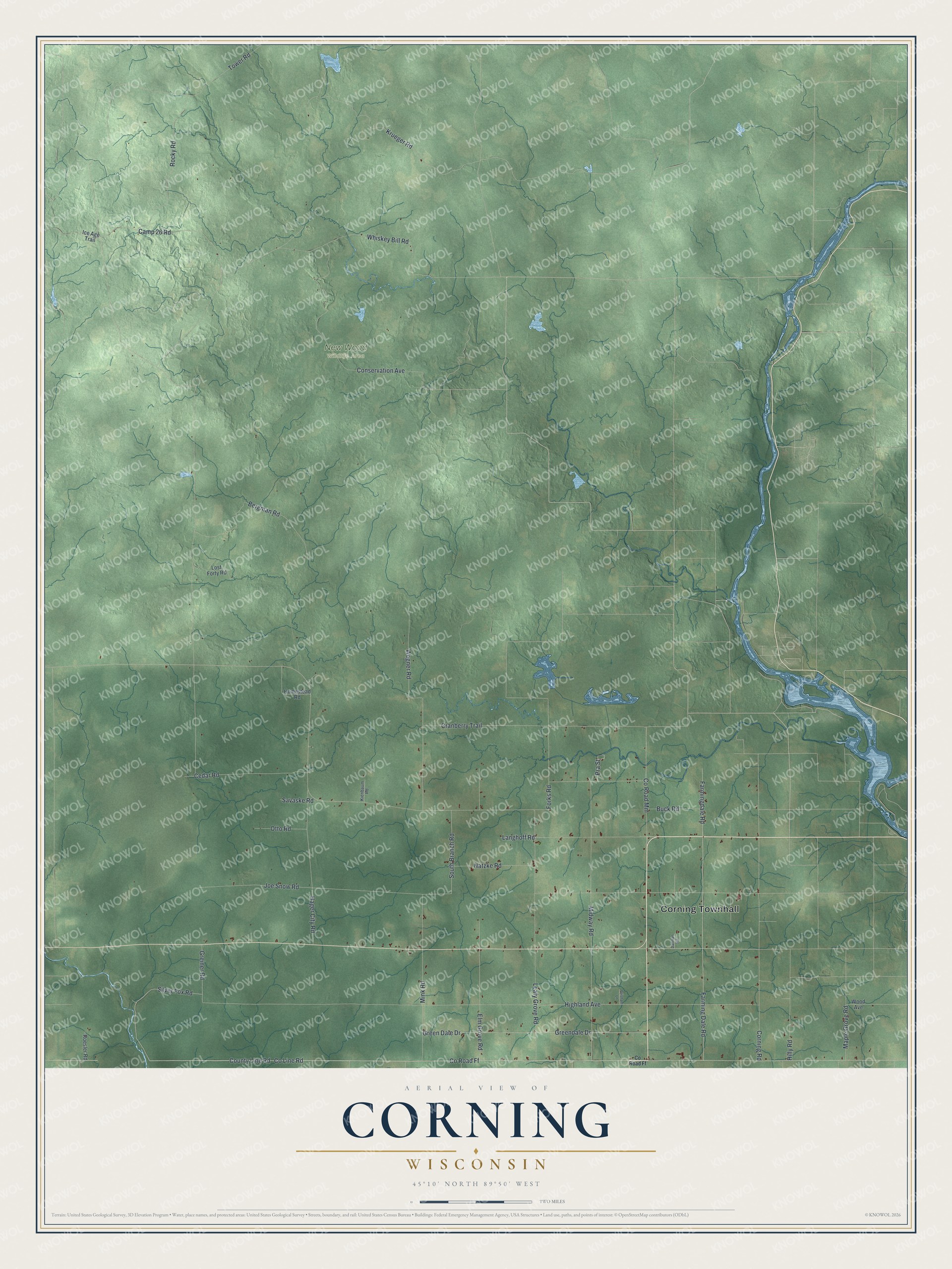 Full map of Corning, Wisconsin, with red buildings, printed street names and the land around them