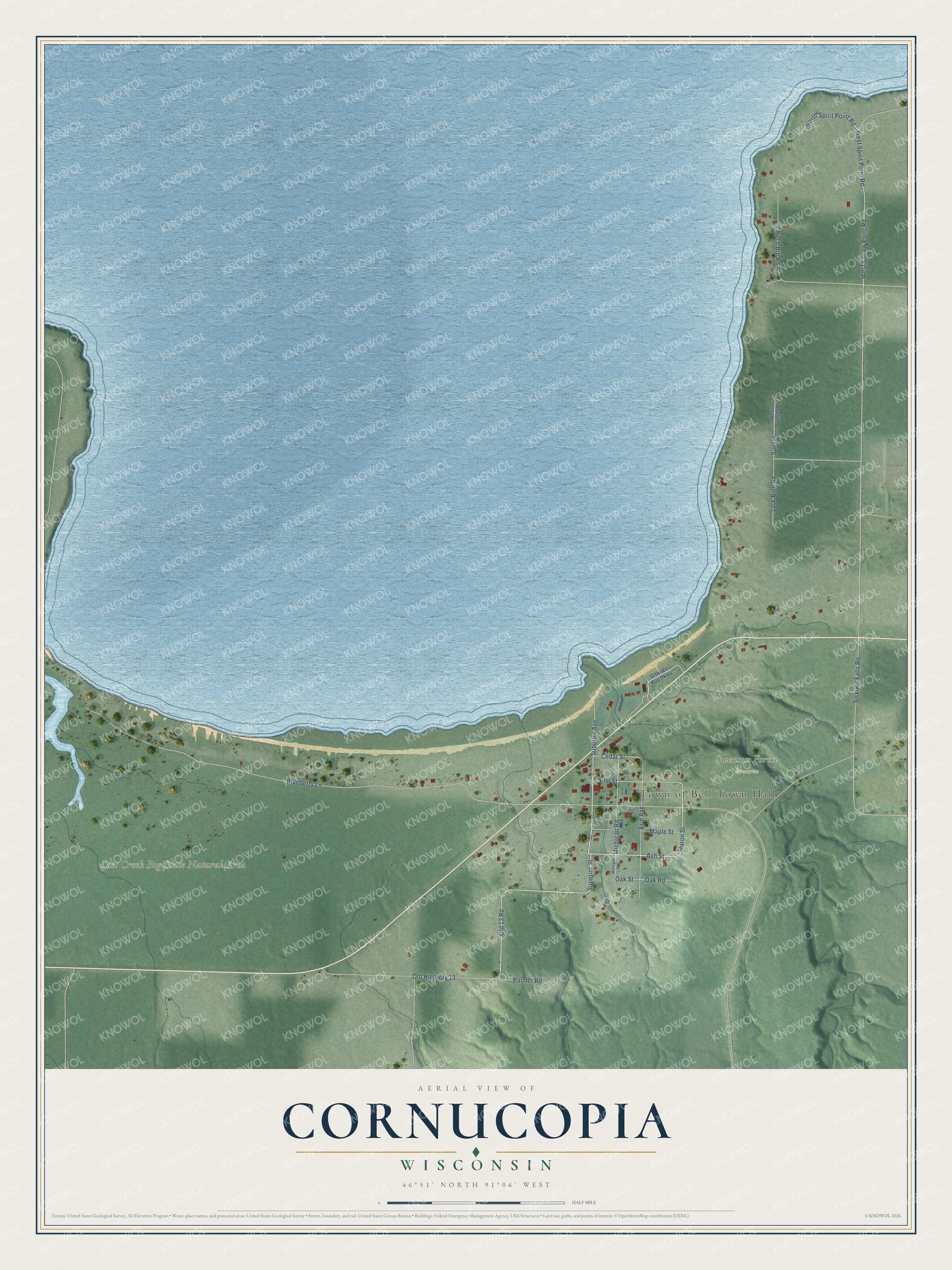 Full map of Cornucopia, Wisconsin, with red buildings, printed street names and the land around them