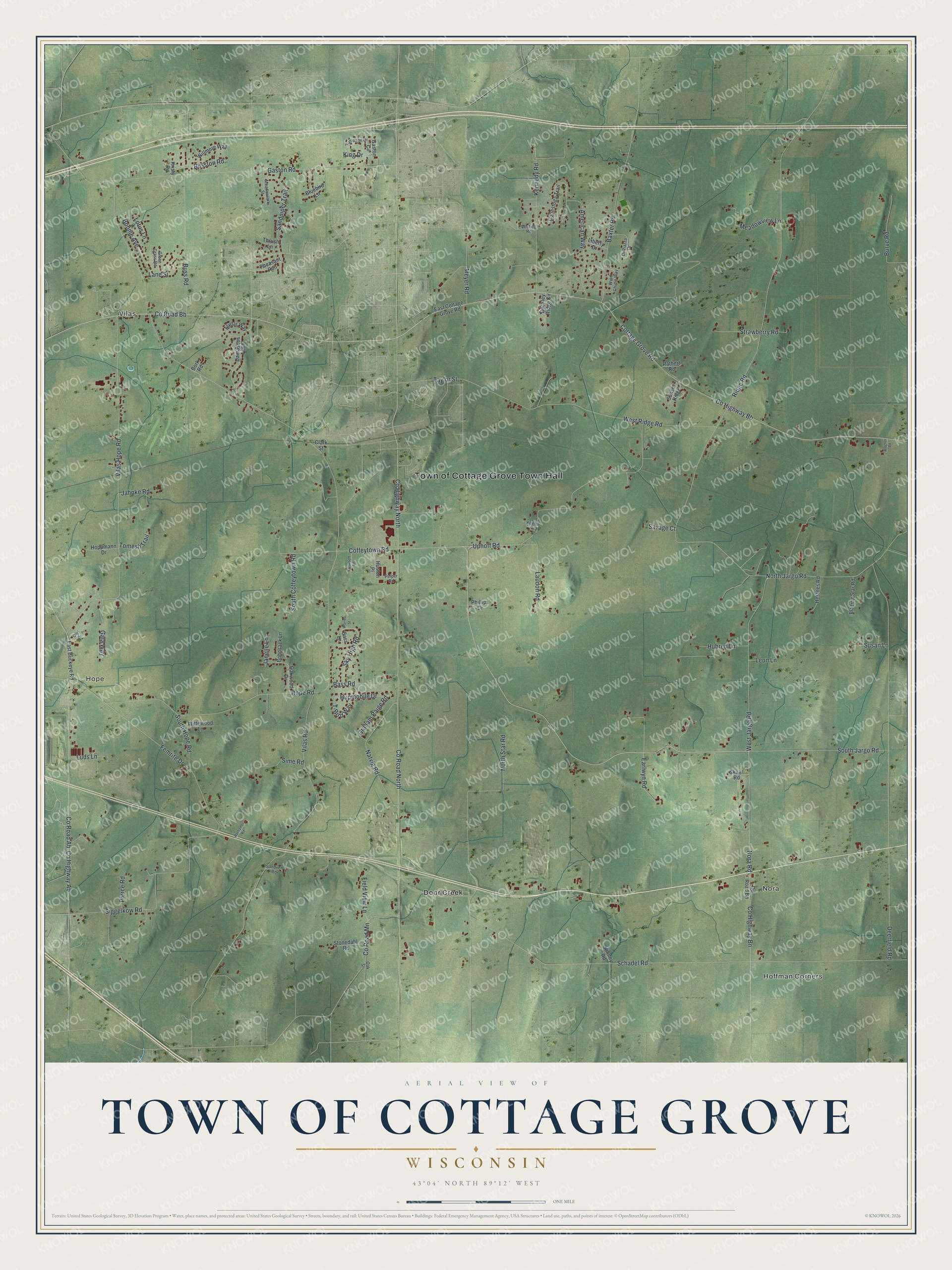 Full map of Cottage Grove, Wisconsin, with red buildings, printed street names and the land around them
