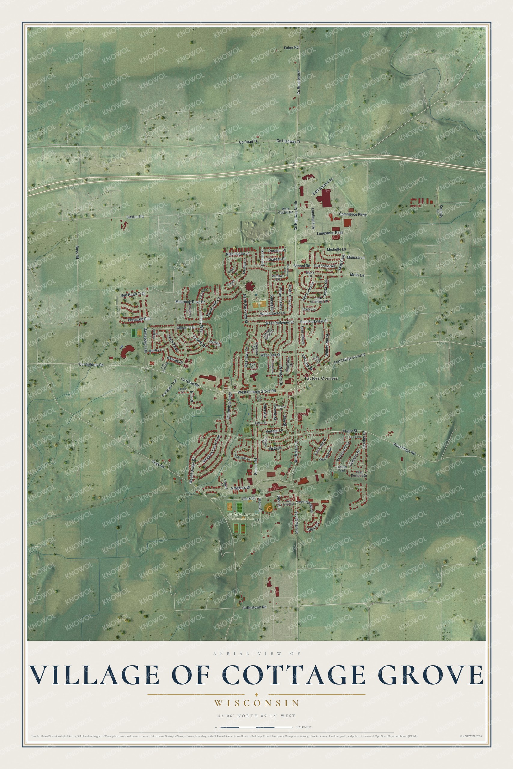 Full map of Cottage Grove, Wisconsin, with red buildings, printed street names and the land around them