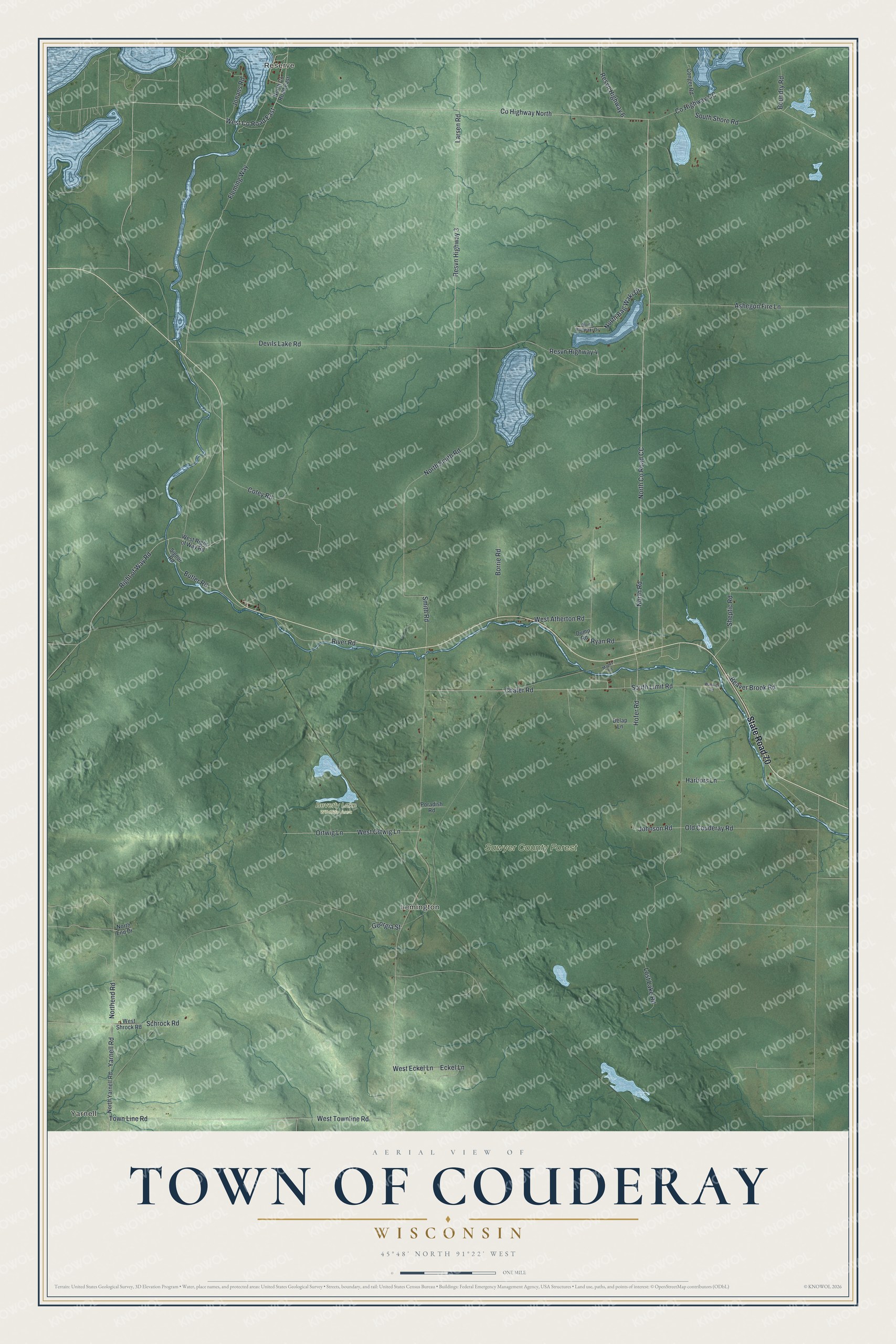 Full map of Couderay, Wisconsin, with red buildings, printed street names and the land around them