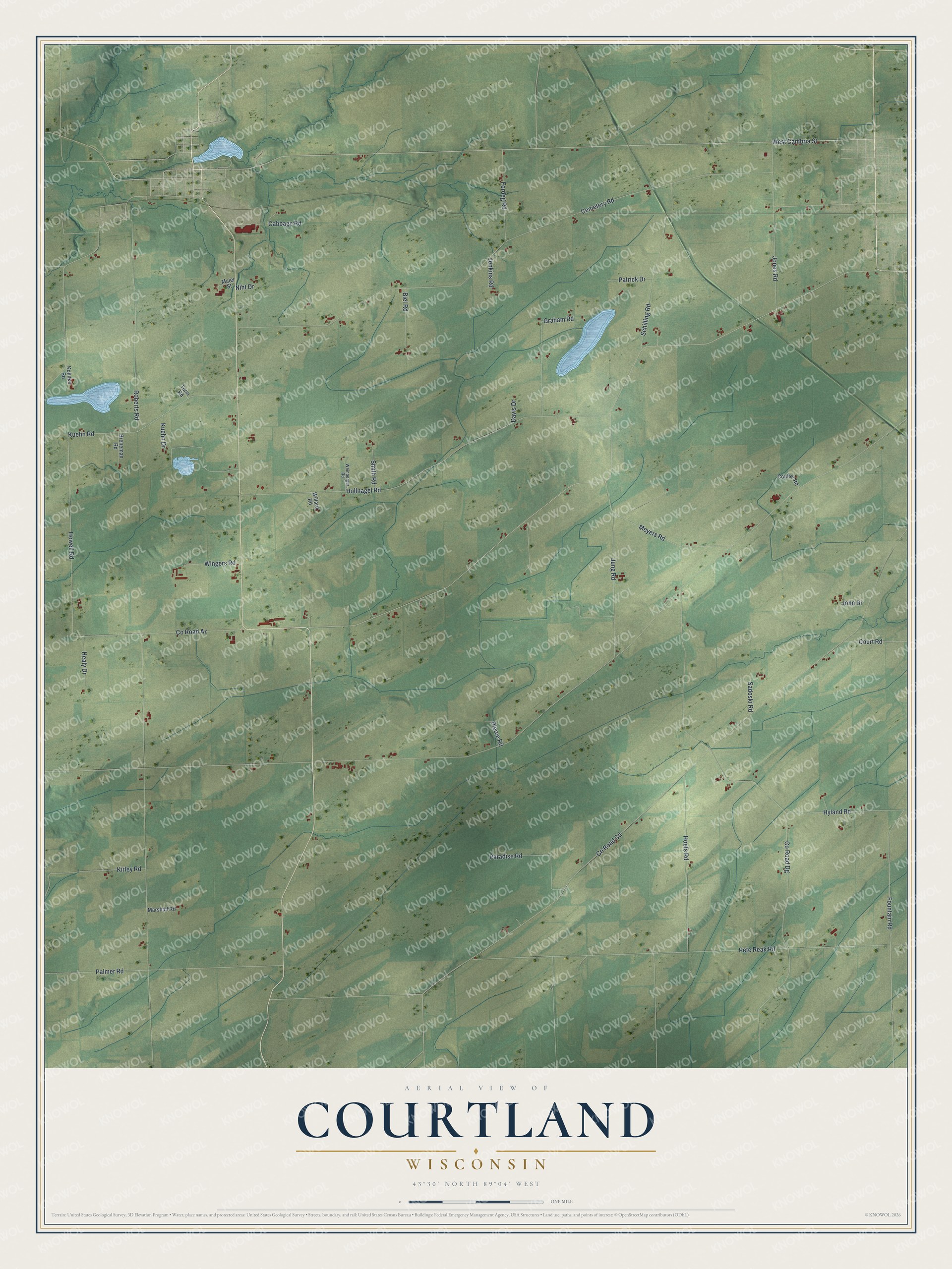 Full map of Courtland, Wisconsin, with red buildings, printed street names and the land around them