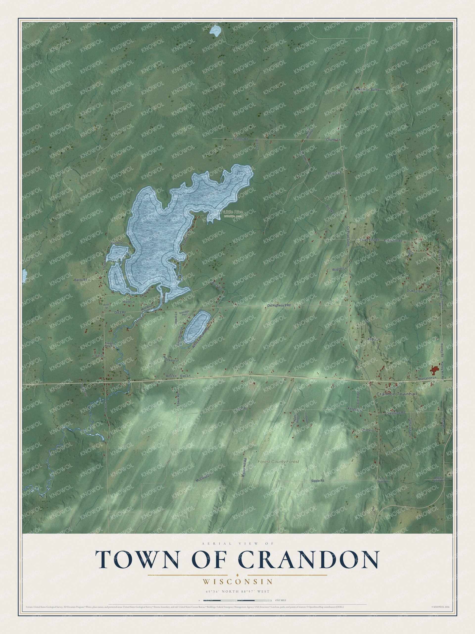 Full map of Crandon, Wisconsin, with red buildings, printed street names and the land around them